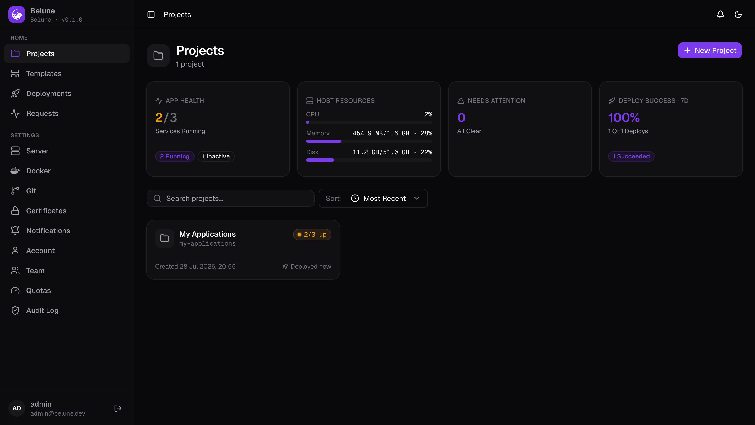 The Belune dashboard: projects and their services at a glance.