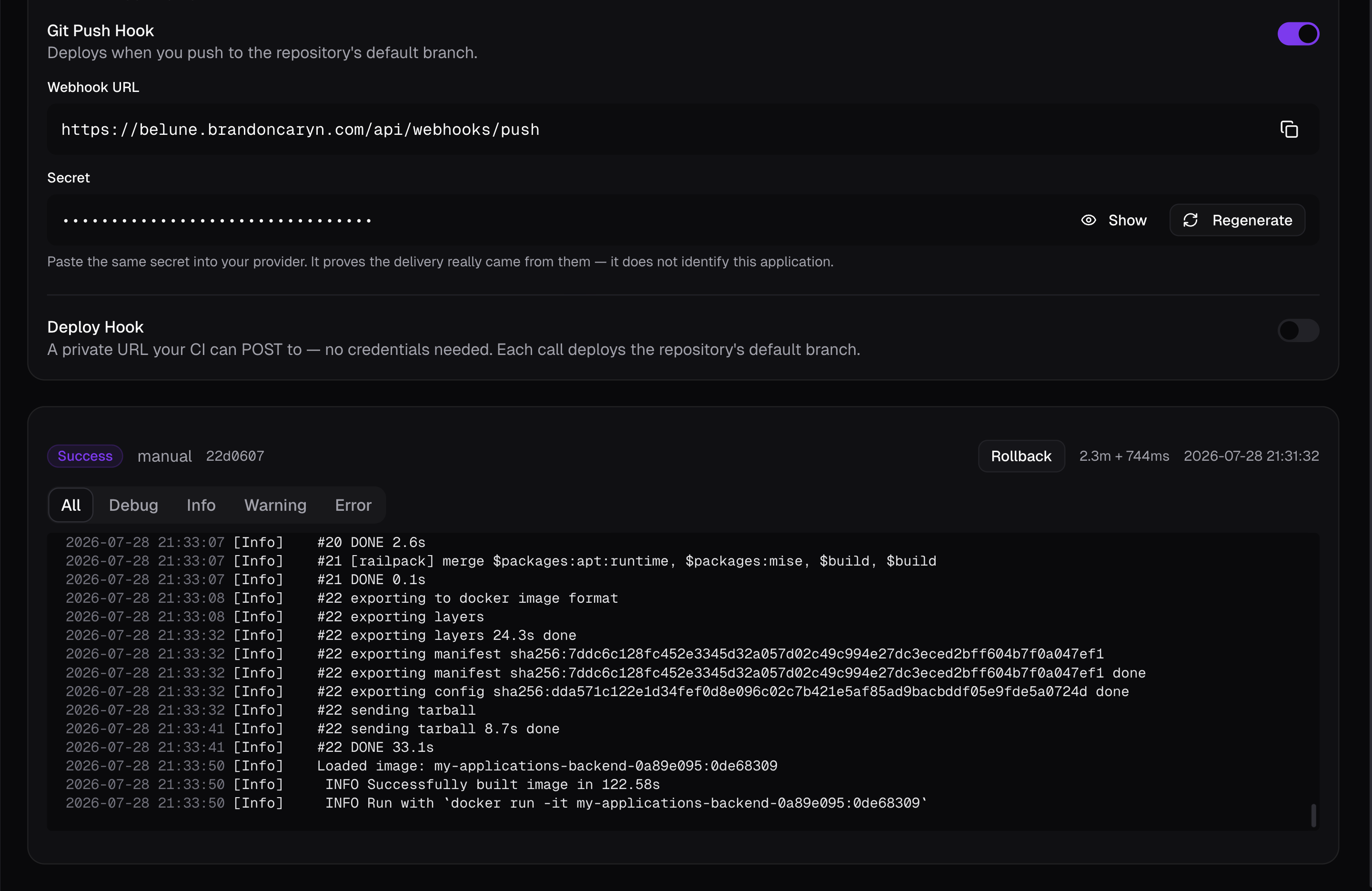 The build log streaming live during a deployment.