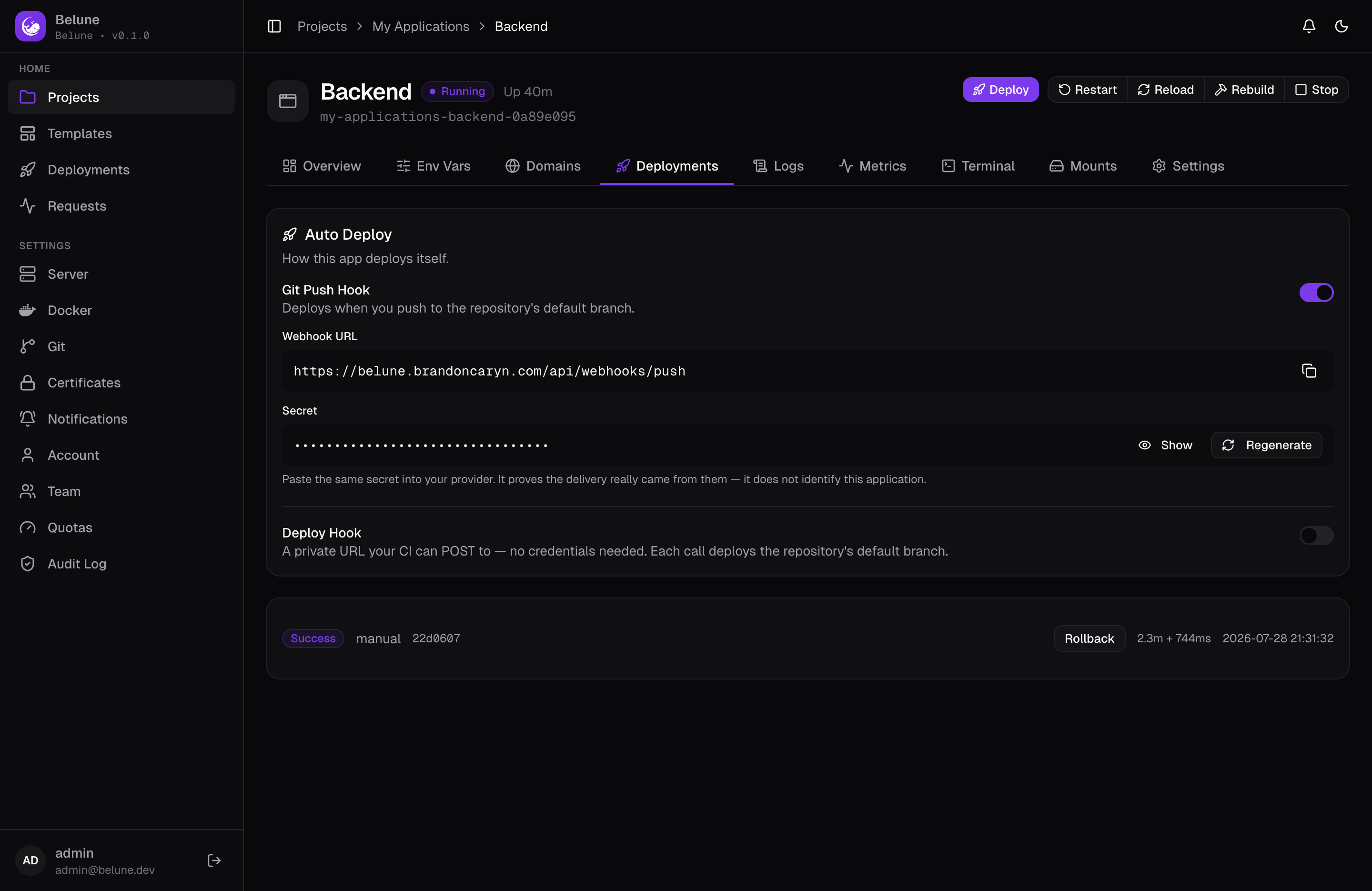 The Deployments tab listing each build with its status and log.