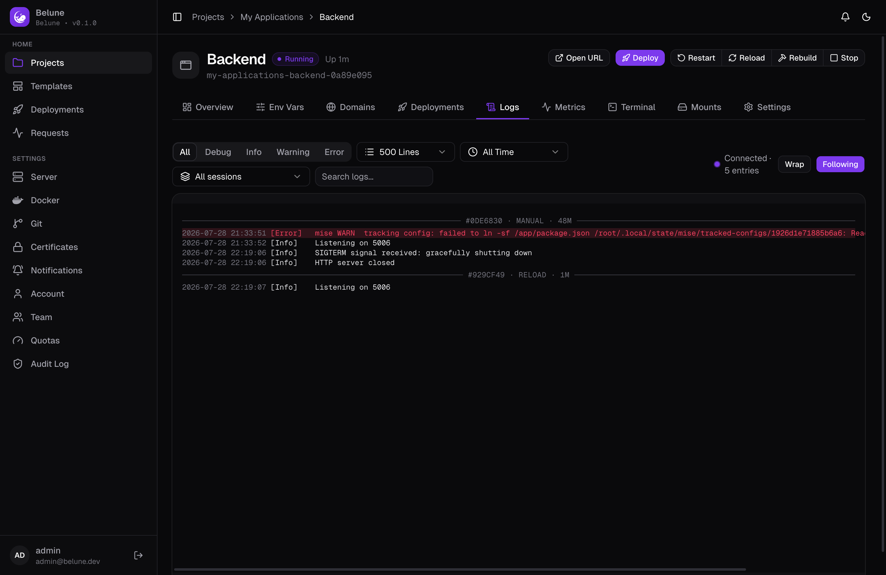 Live container logs with per-line severity in the Logs tab.
