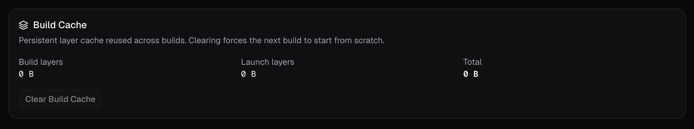The Build Cache card: cache size and a clear button.
