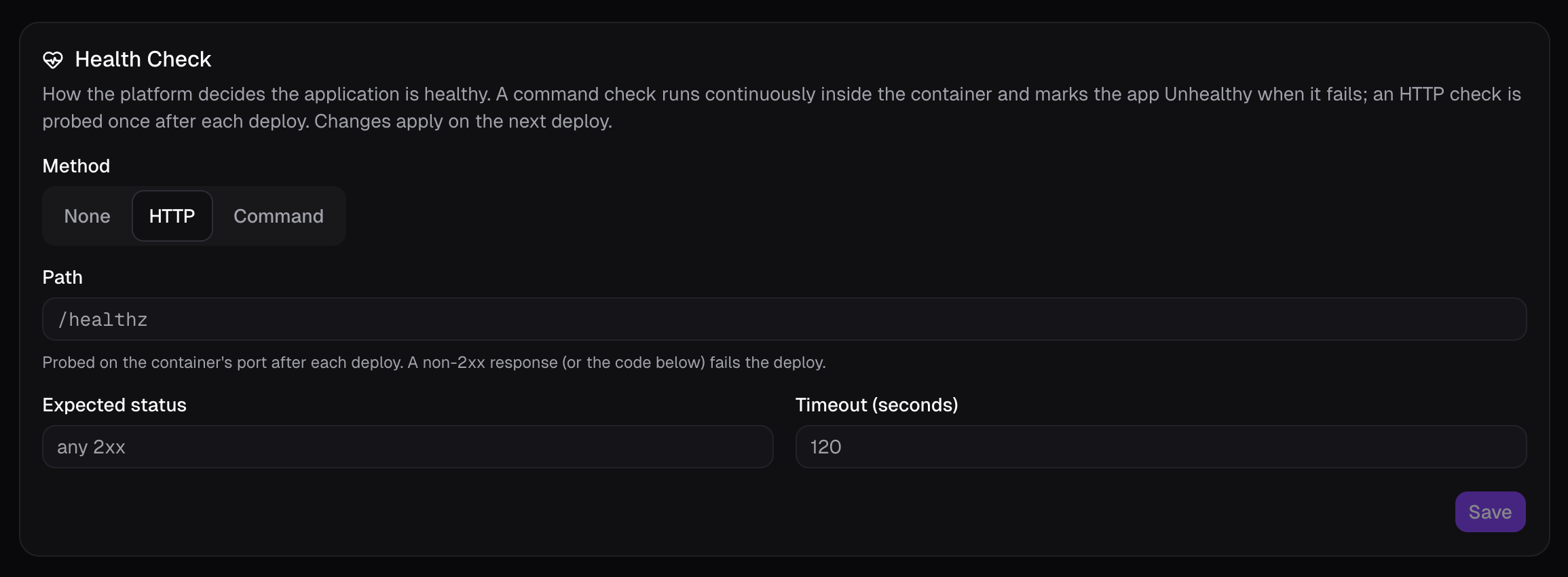 The Health Check card: method, path, expected status, and timeout.
