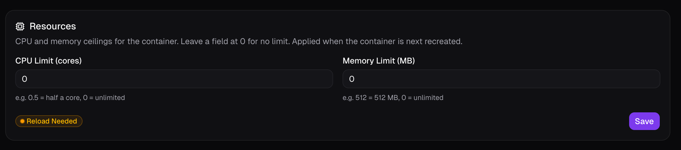 The Resources card: CPU and memory limit fields.