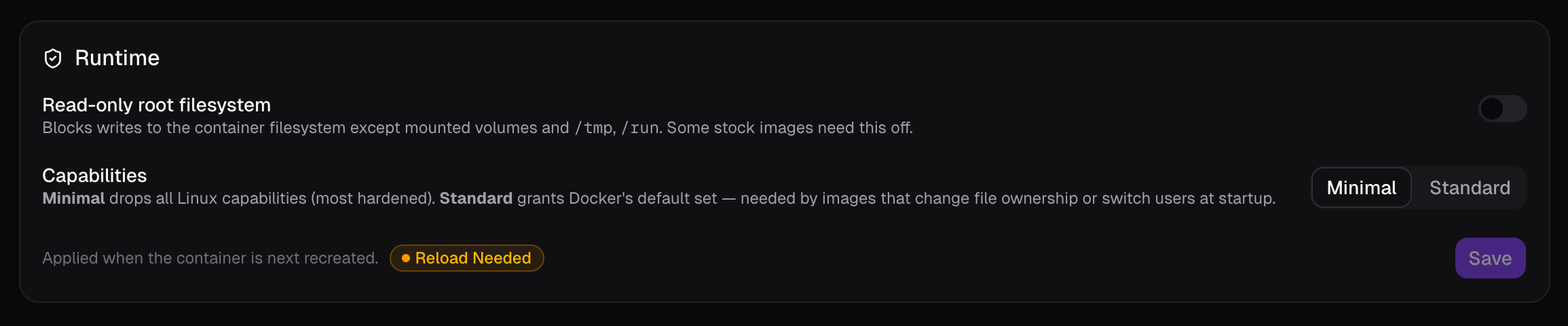 The Runtime card: read-only filesystem toggle and capabilities selector.