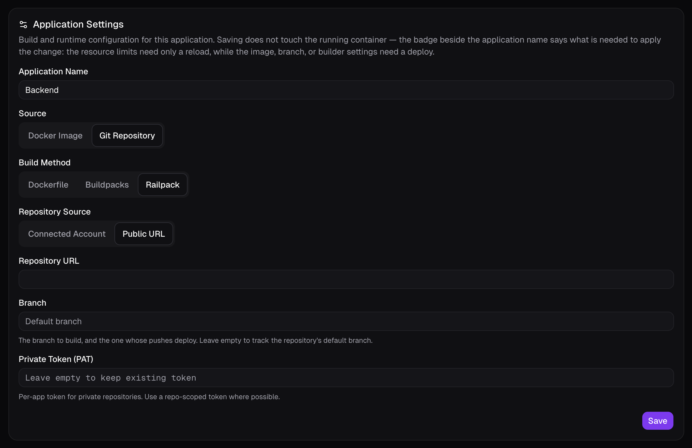 The Application Settings card: name, source, build method, and repository fields.