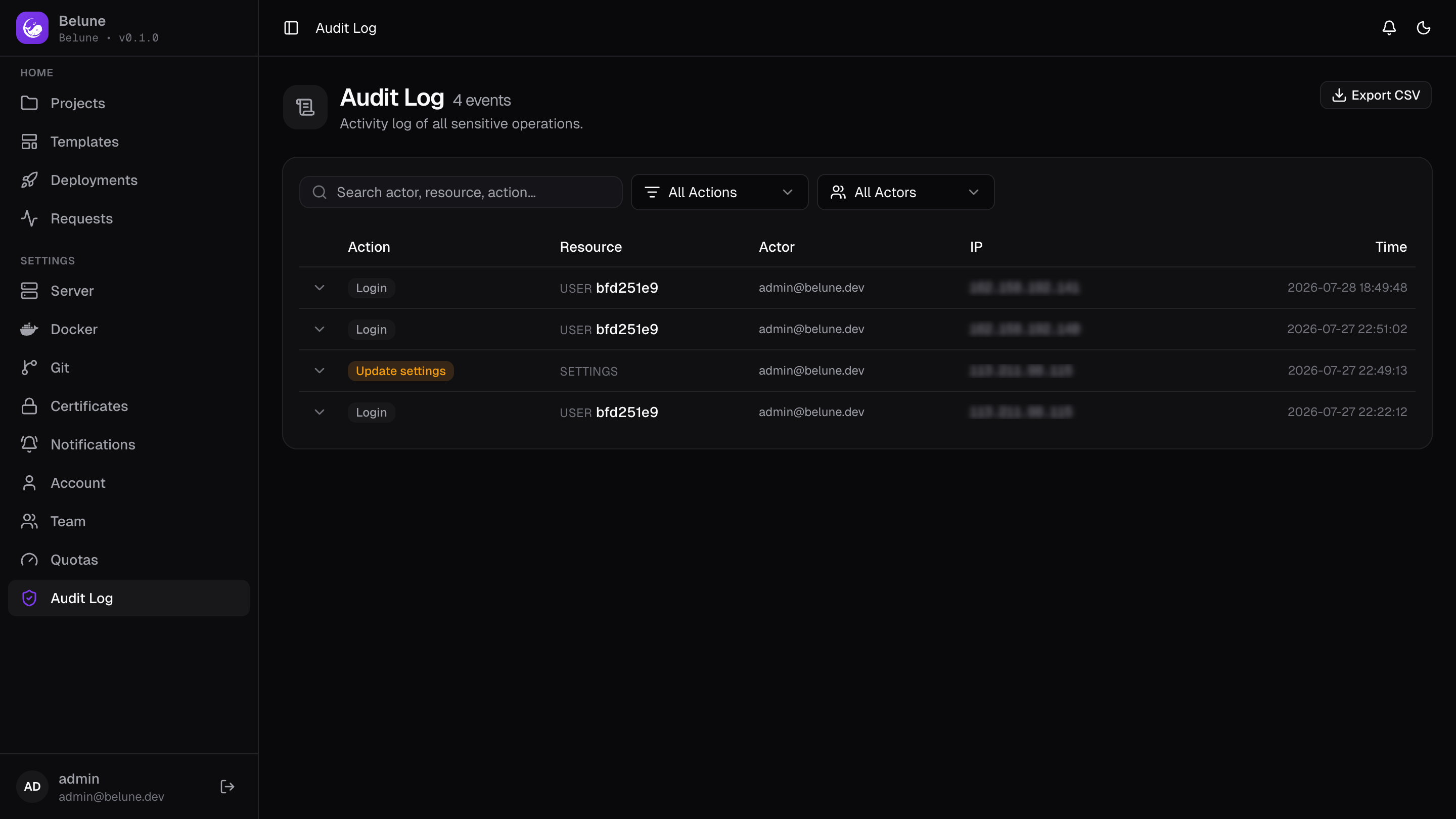 The audit log listing recent actions with the acting user and timestamp.