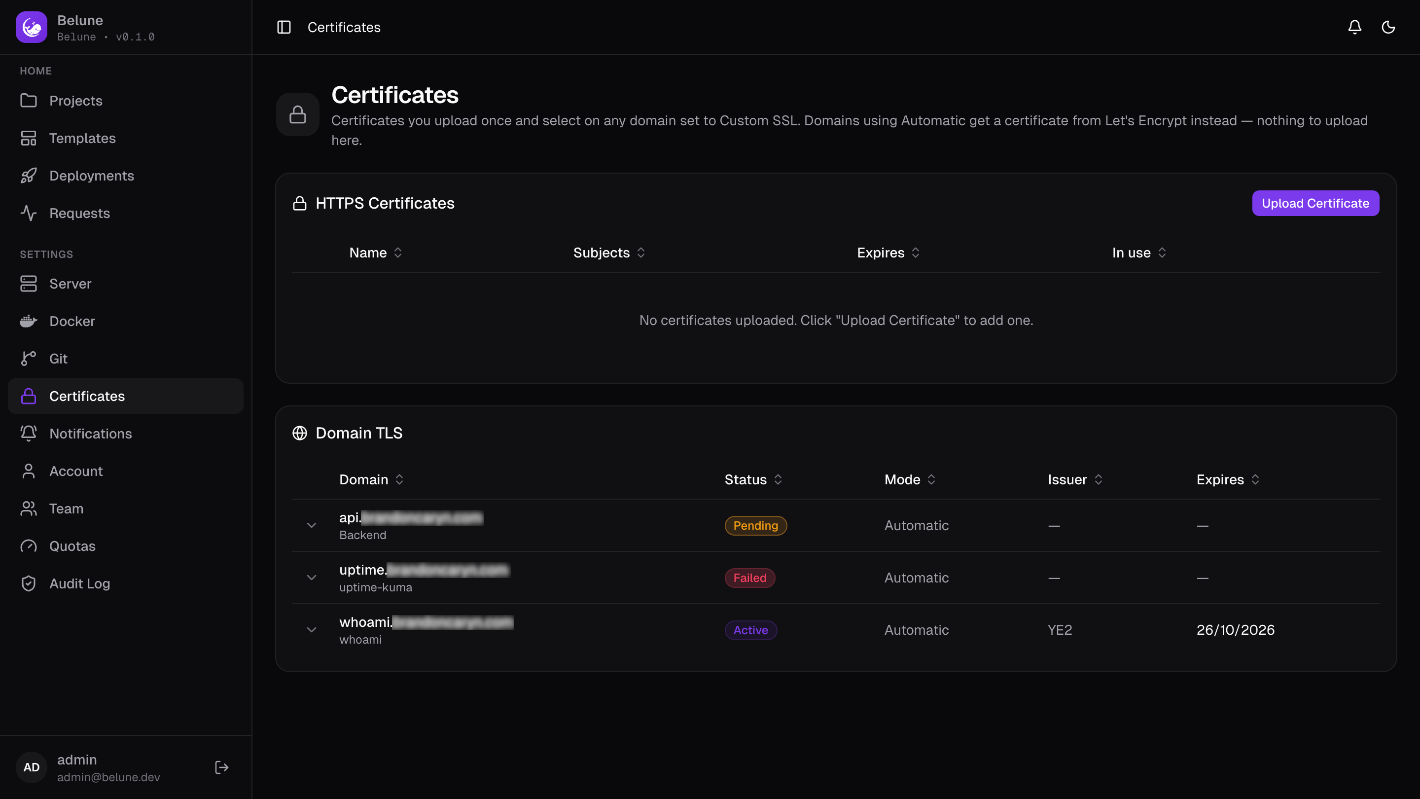 The Certificates page listing each domain's TLS status.