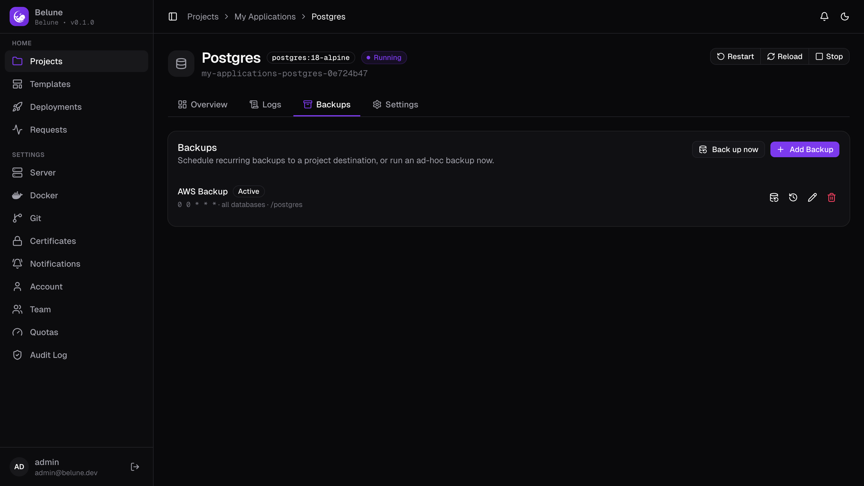 A database's Backups tab: schedules and on-demand backups.