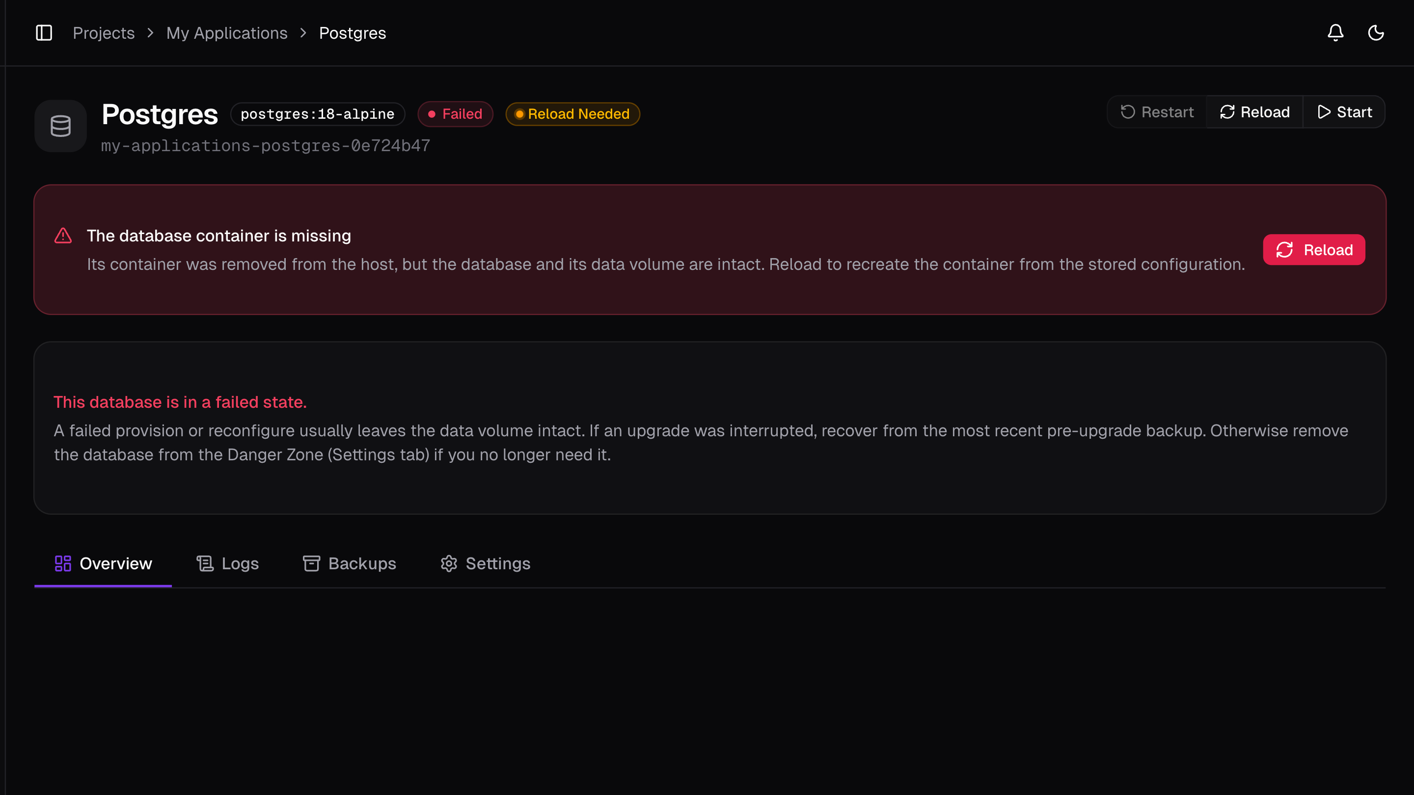 A database showing a Reload Needed badge when its container is missing.