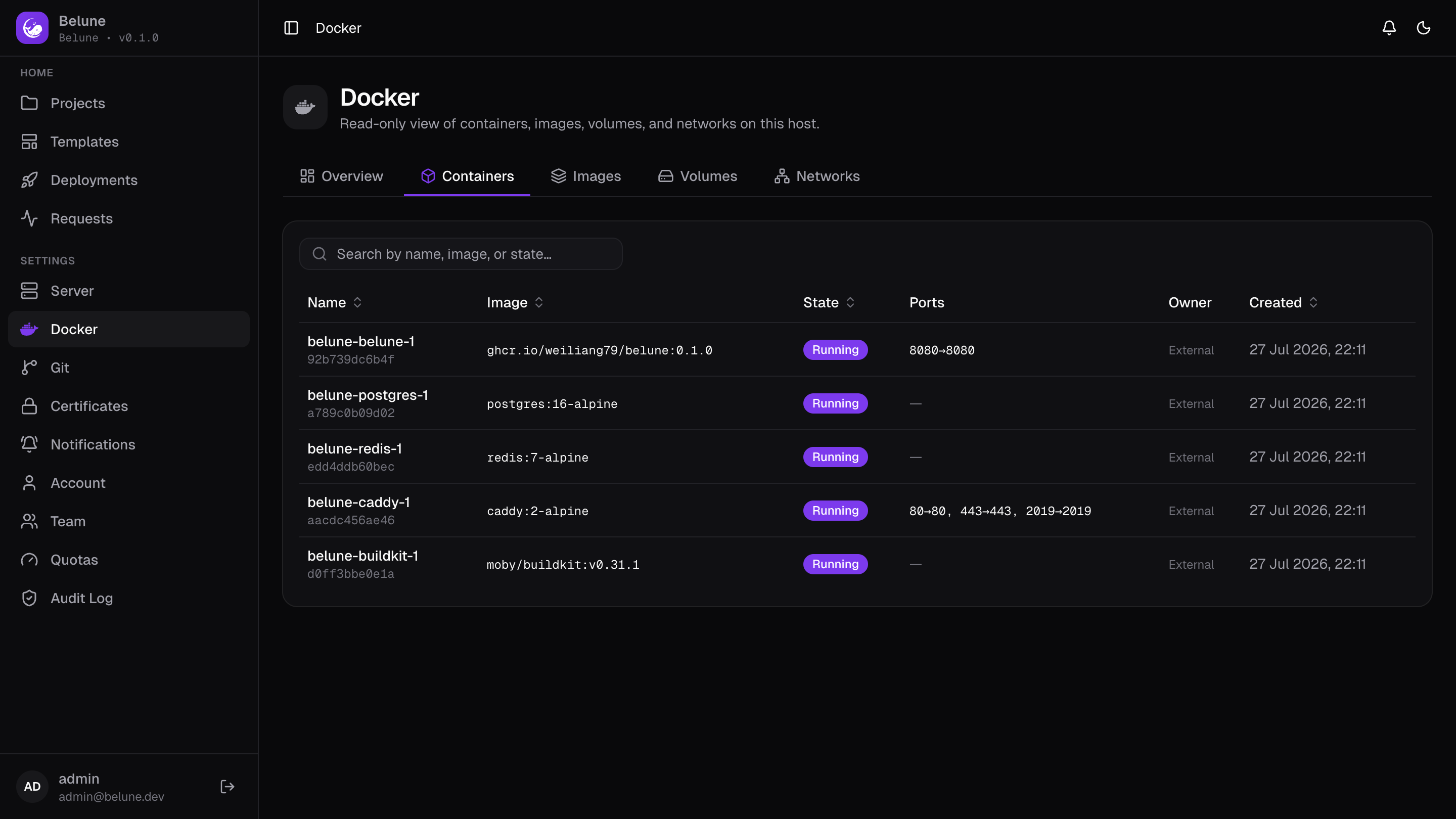 Every container on the host with its image, status, and ports.