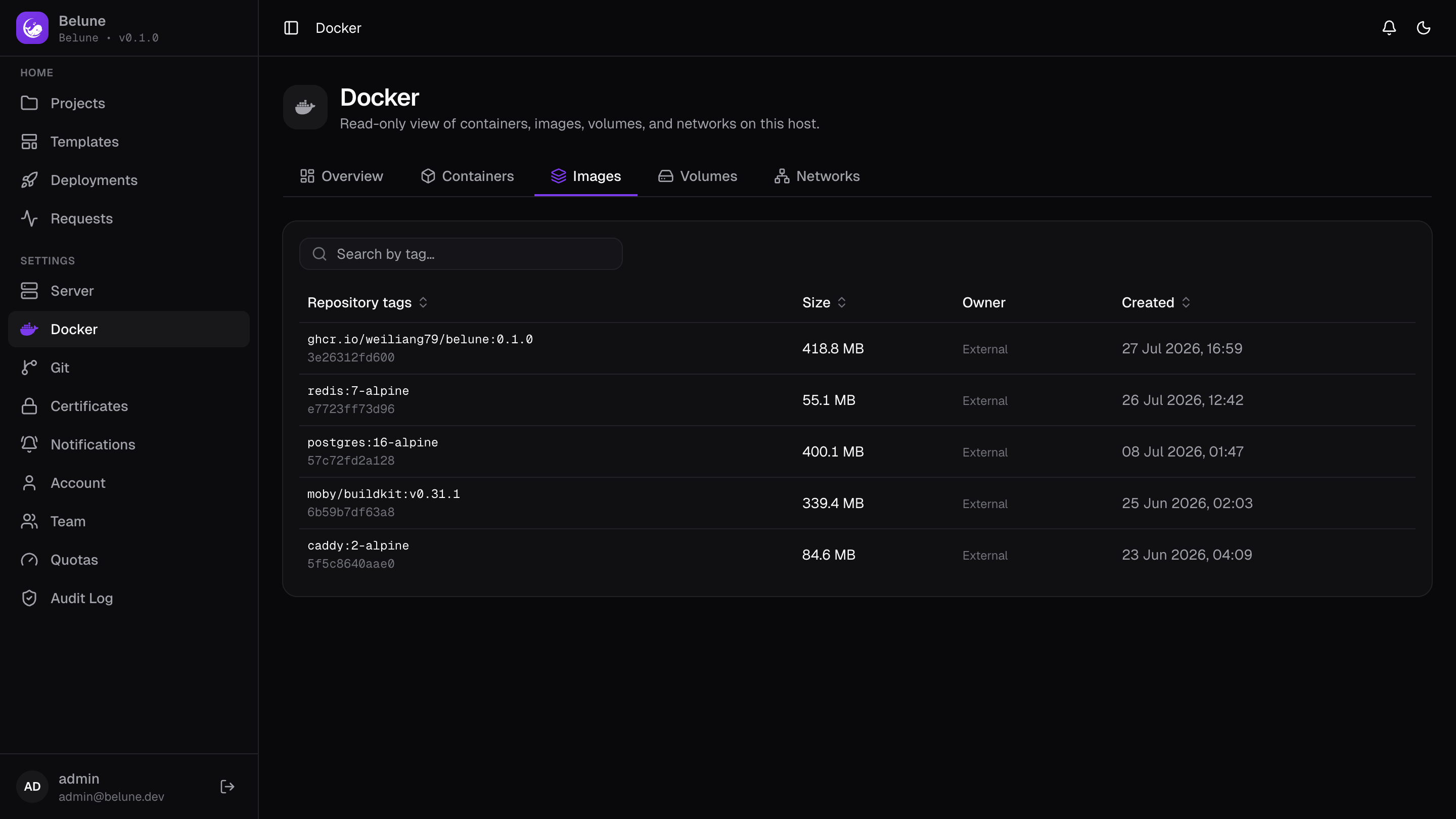 Local Docker images and their sizes.