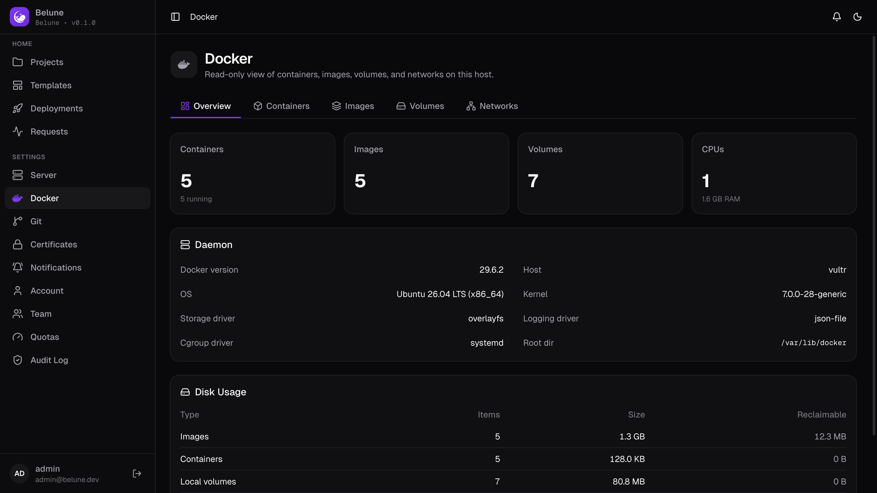 The Docker overview: object counts, engine version, and disk usage.