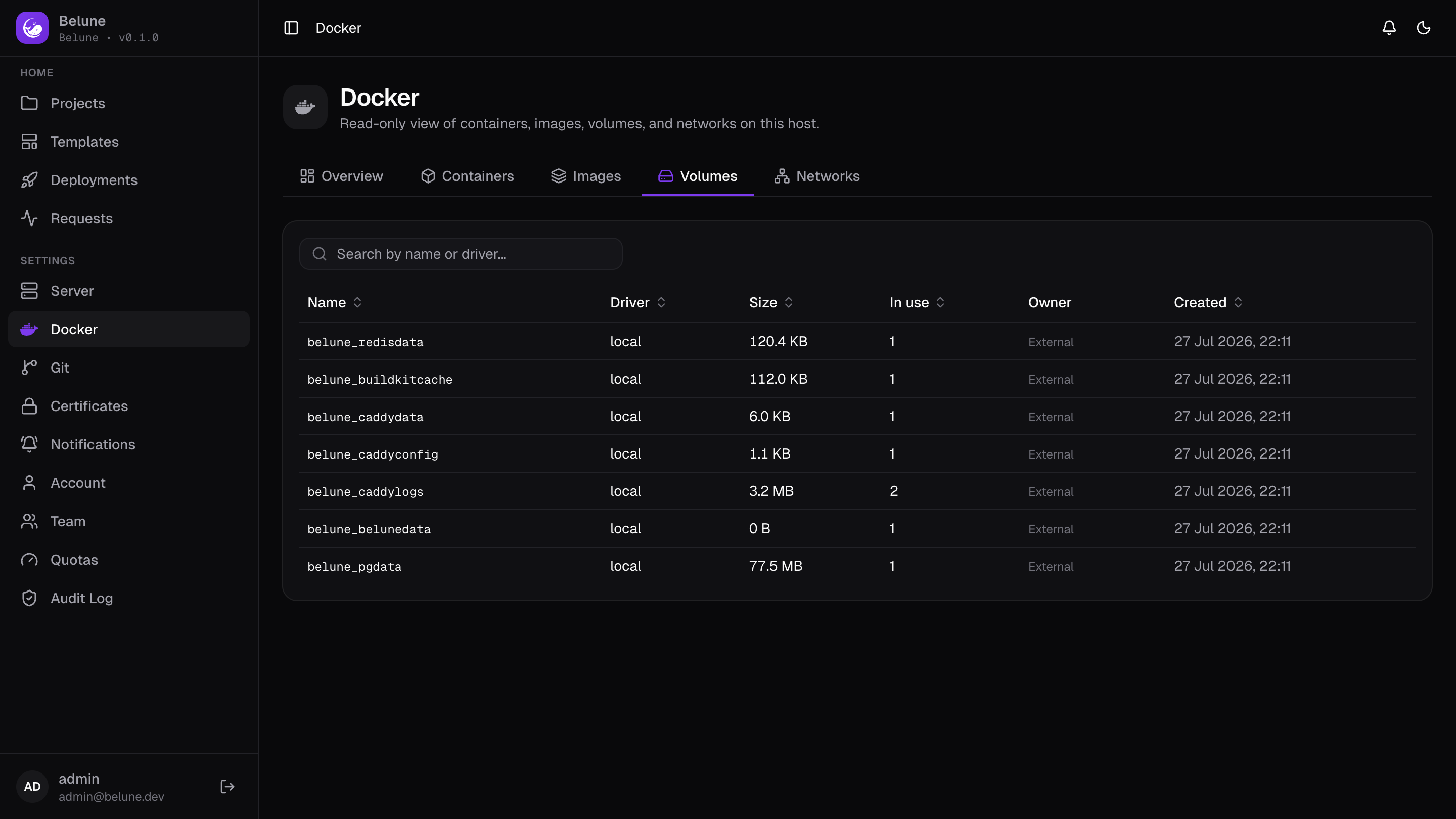 Docker volumes with their on-disk sizes.