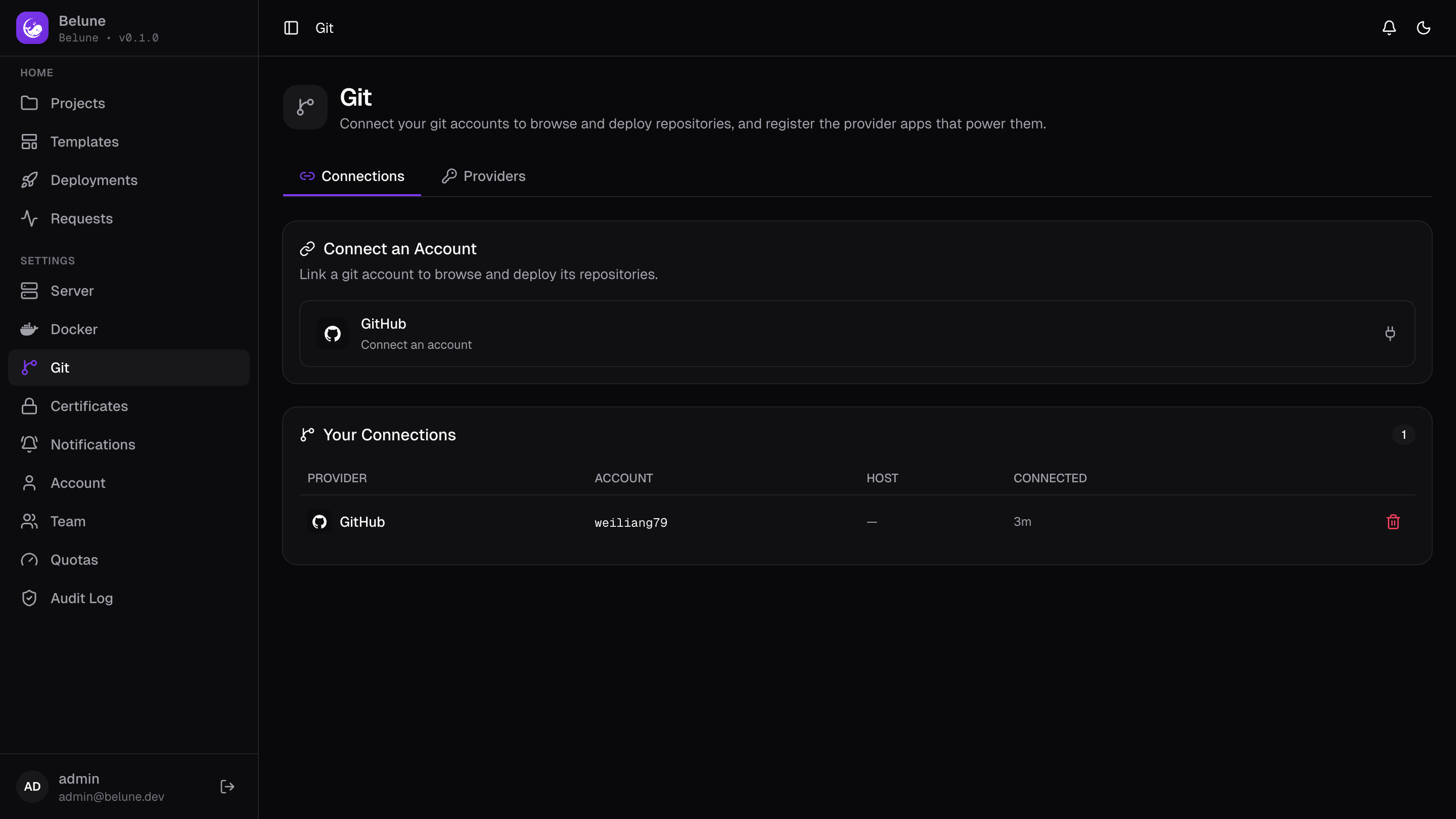 The Git page's Connections tab, listing linked accounts.