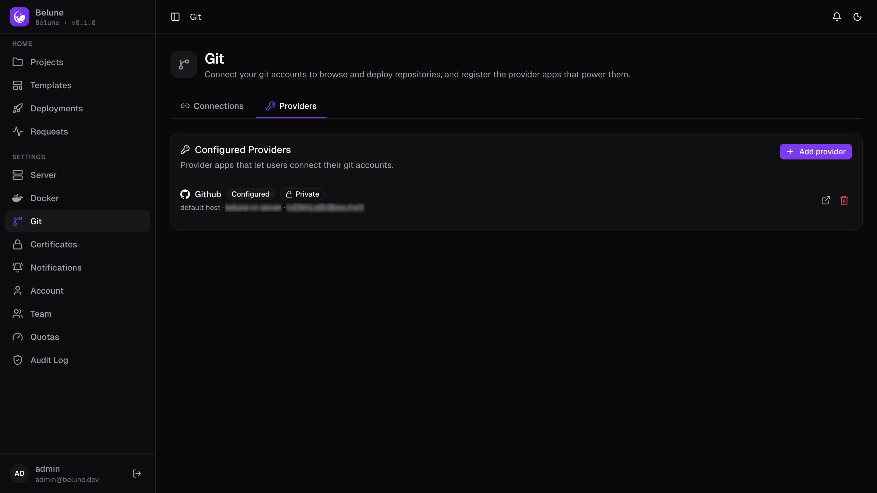 The Git page's Providers tab, listing configured provider apps.