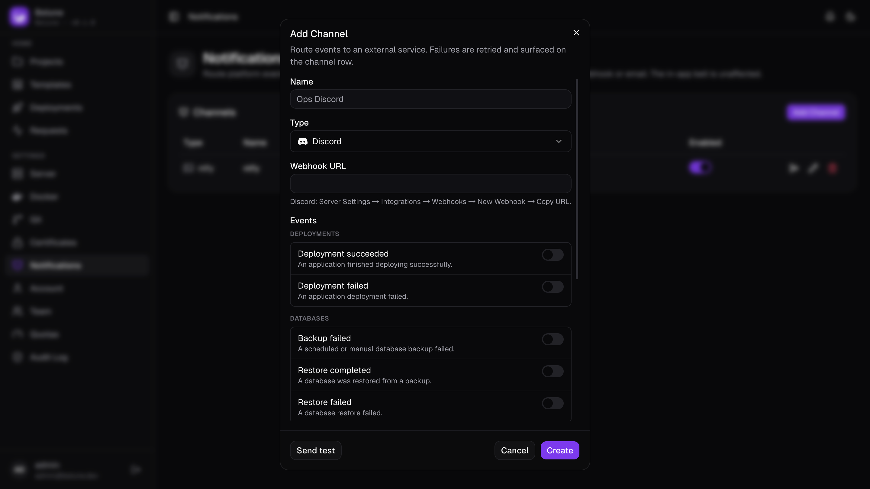 Adding a notification channel: type, config, and the events it receives.