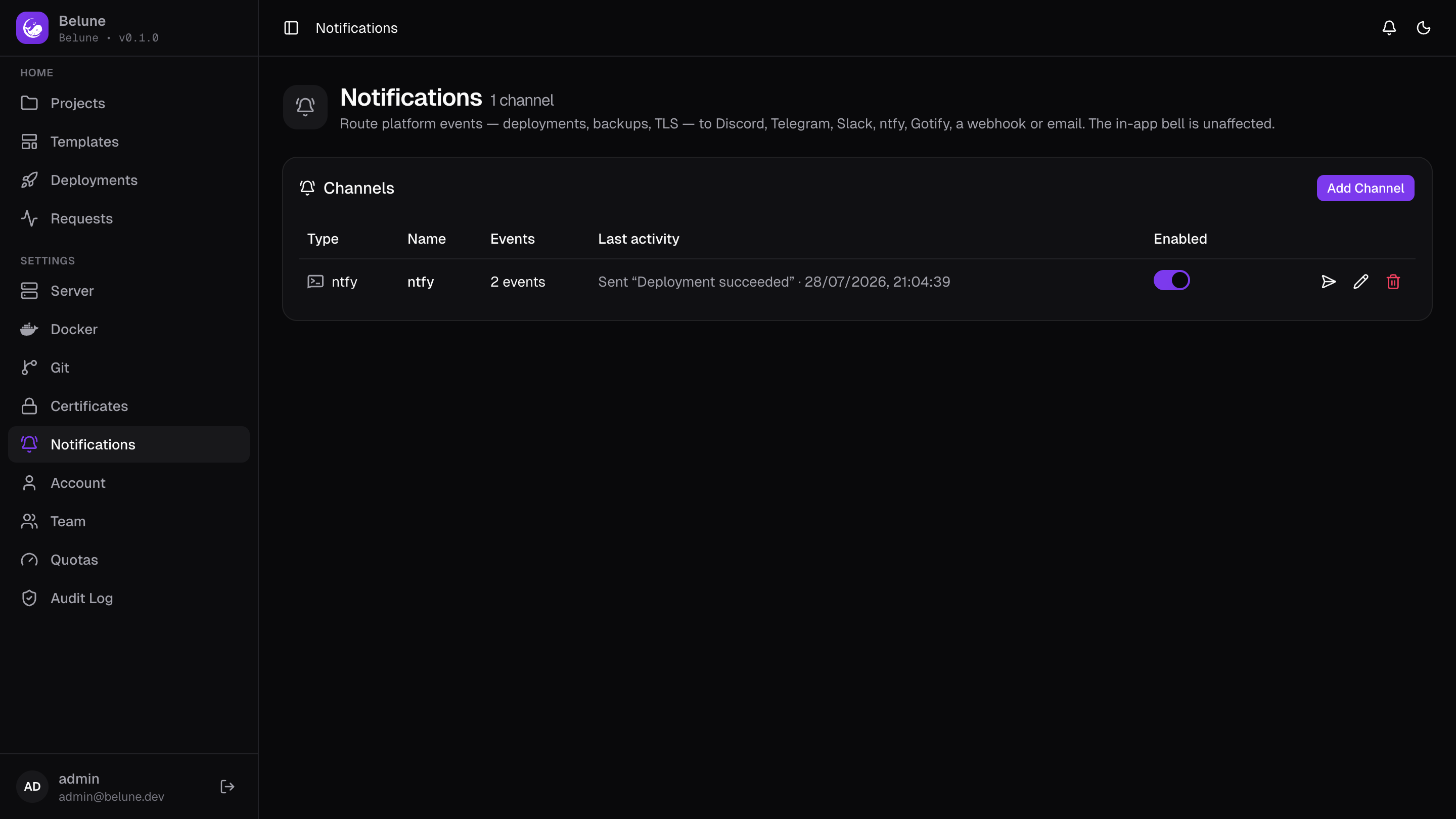 The Notifications page listing channels and their last delivery status.