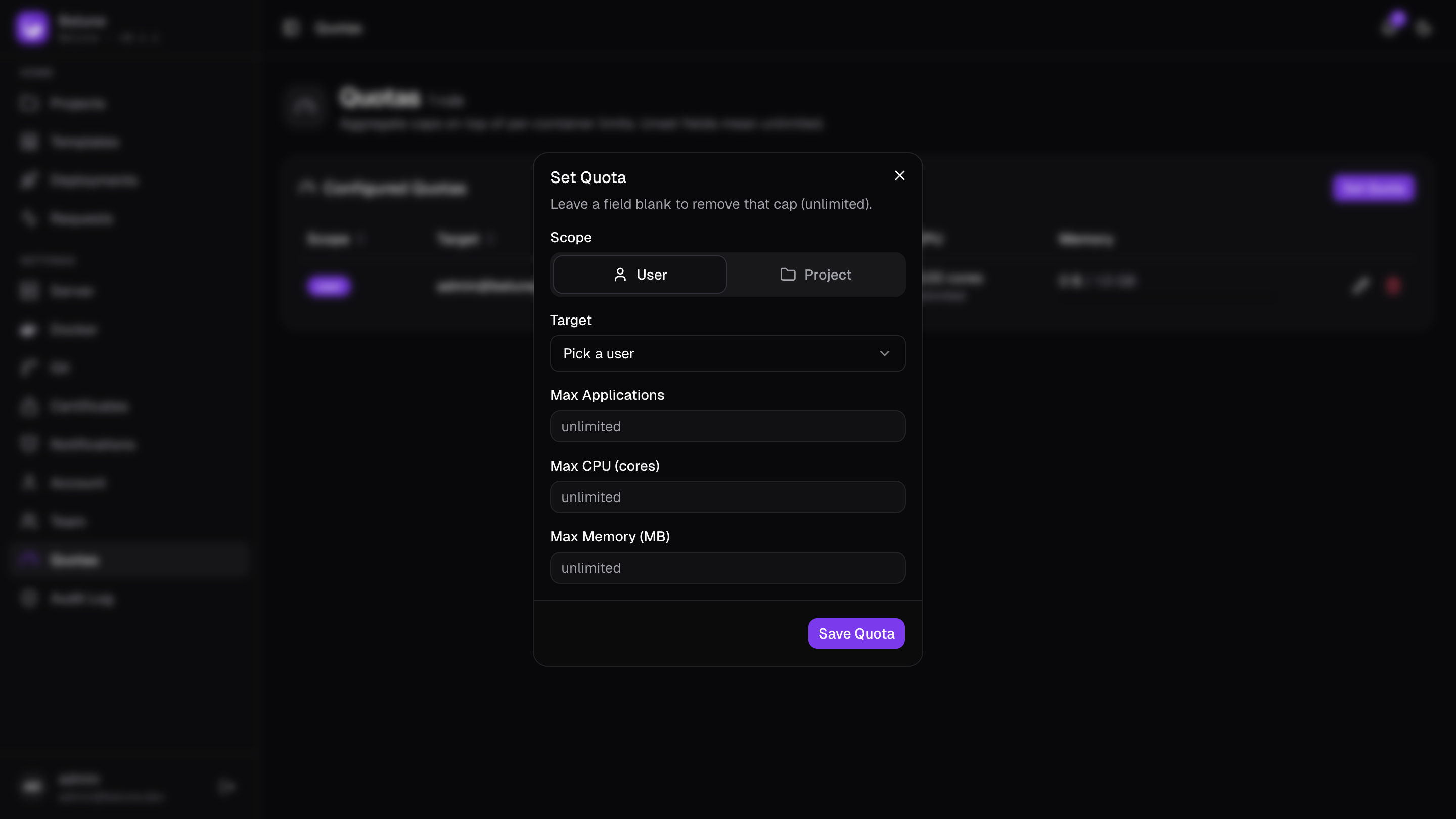 The Set Quotas form dialog.