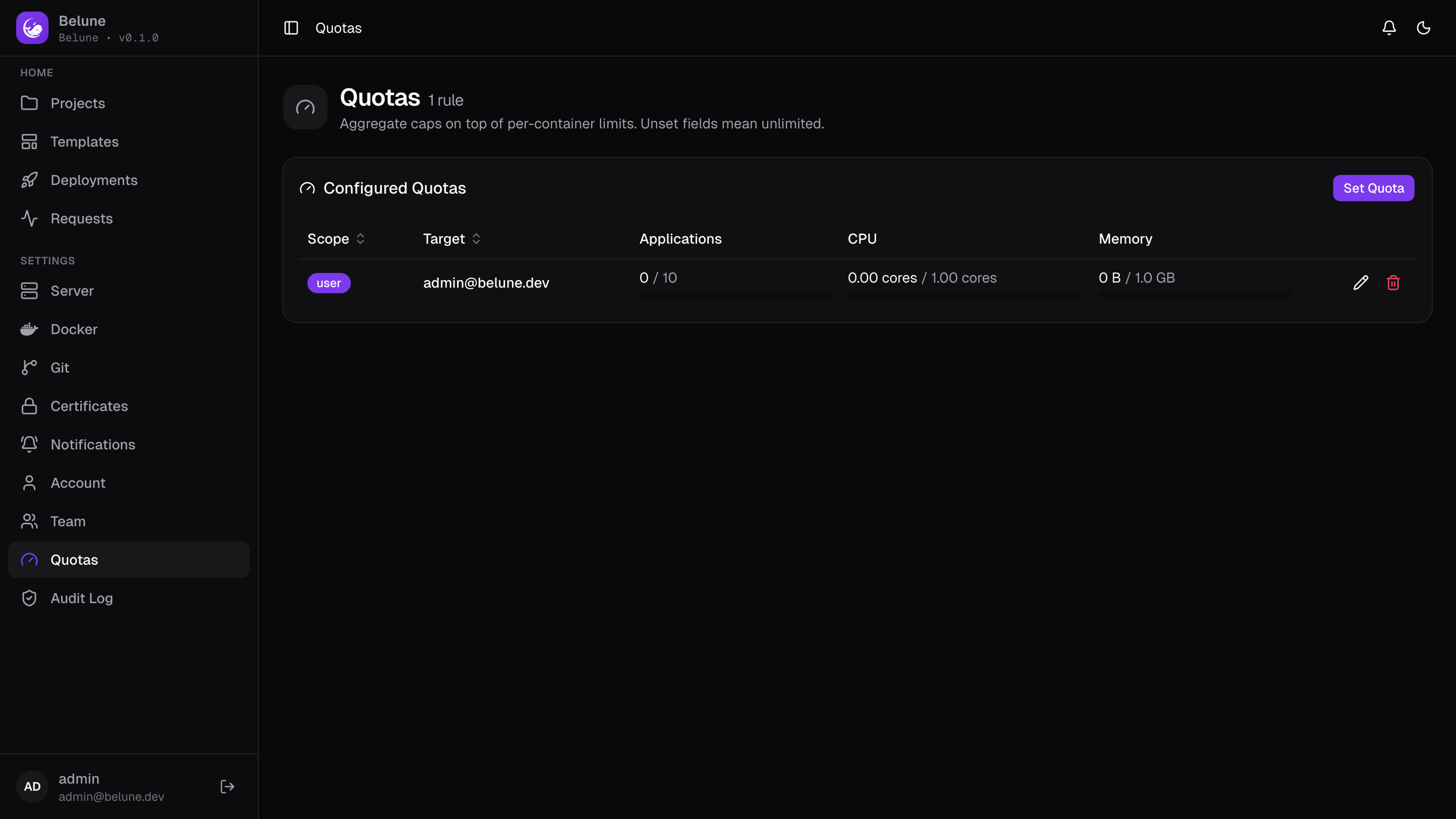 The Quotas page with per-scope application, CPU, and memory limits.