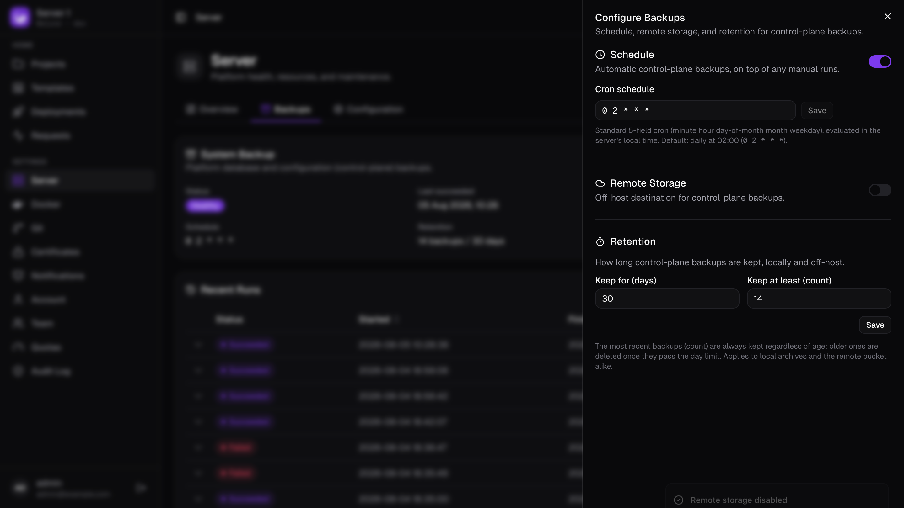 The Configure Backups panel: schedule, remote storage, and retention sections.