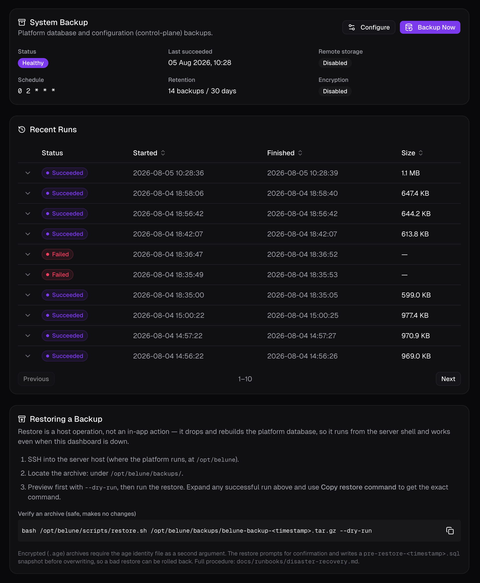 The Server Backups tab: the system backup status summary, Run Backup Now and Configure, and recent runs.