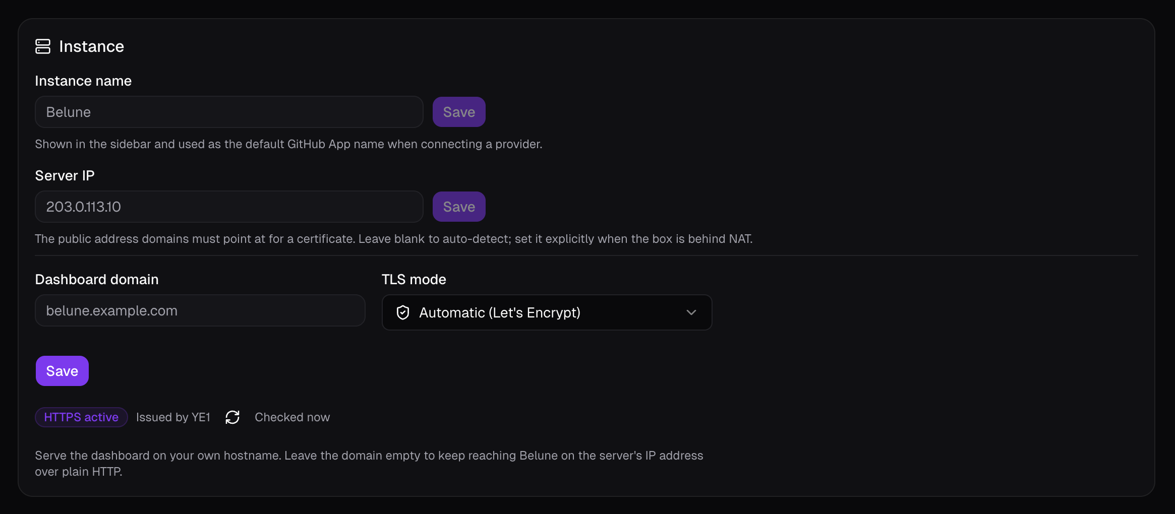 The Server configuration tab: instance name, server IP, and dashboard domain/TLS.
