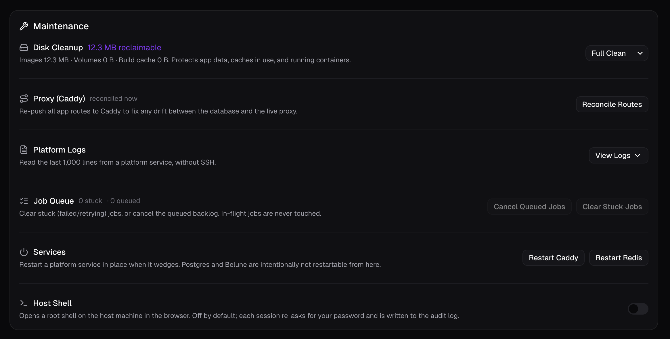 The Maintenance card: disk cleanup, proxy, logs, job queue, services, and host shell.