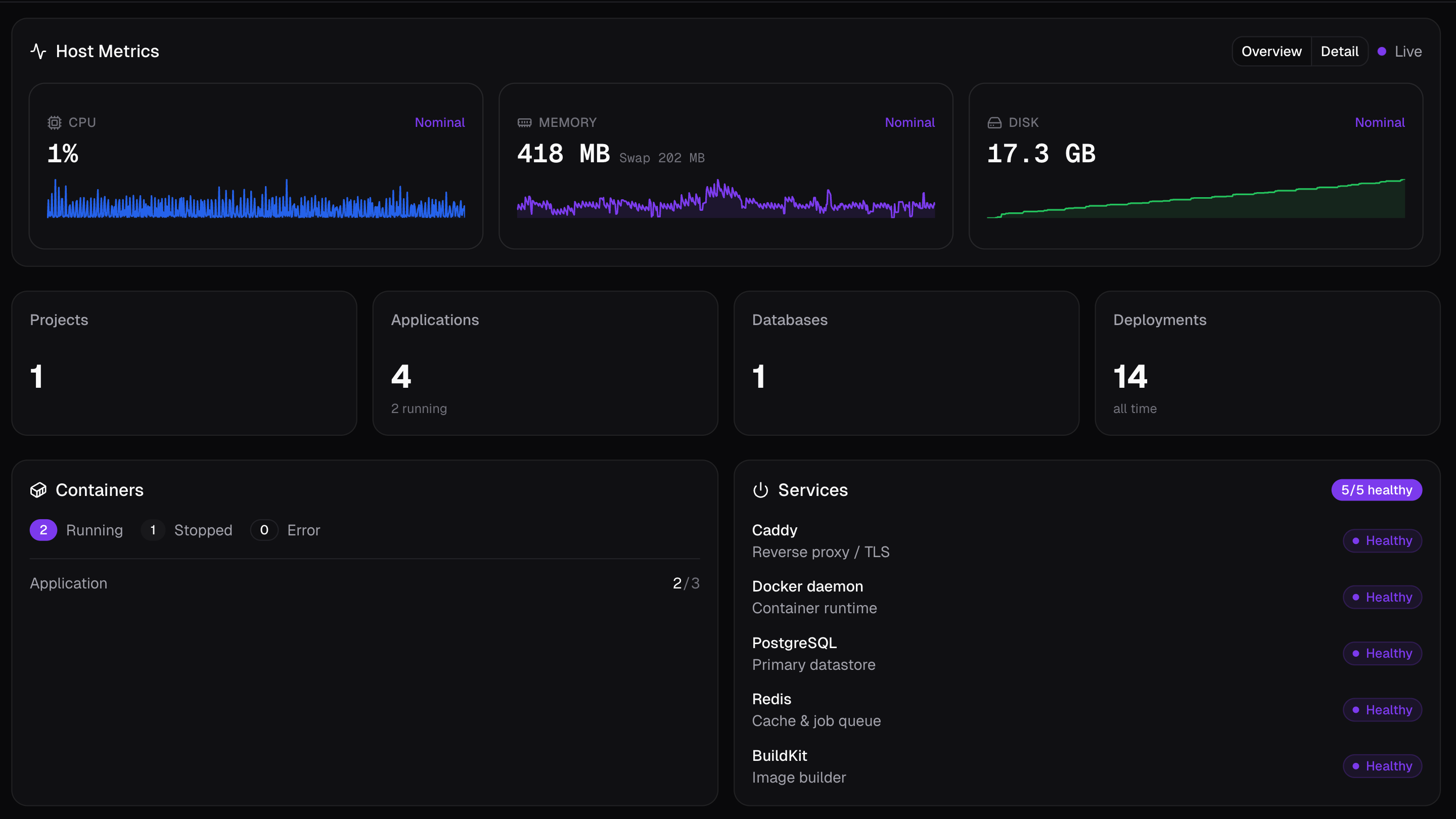 The Server Overview tab: host metrics, platform totals, containers, and services.