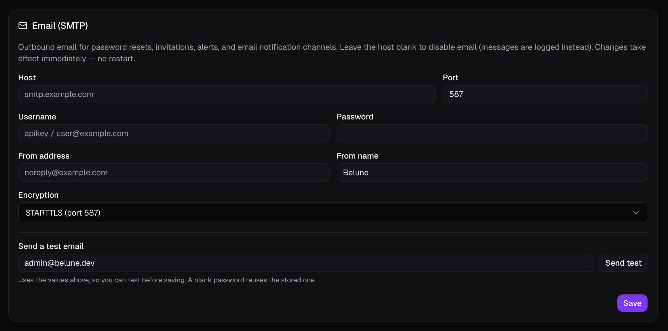 The Email (SMTP) configuration card.