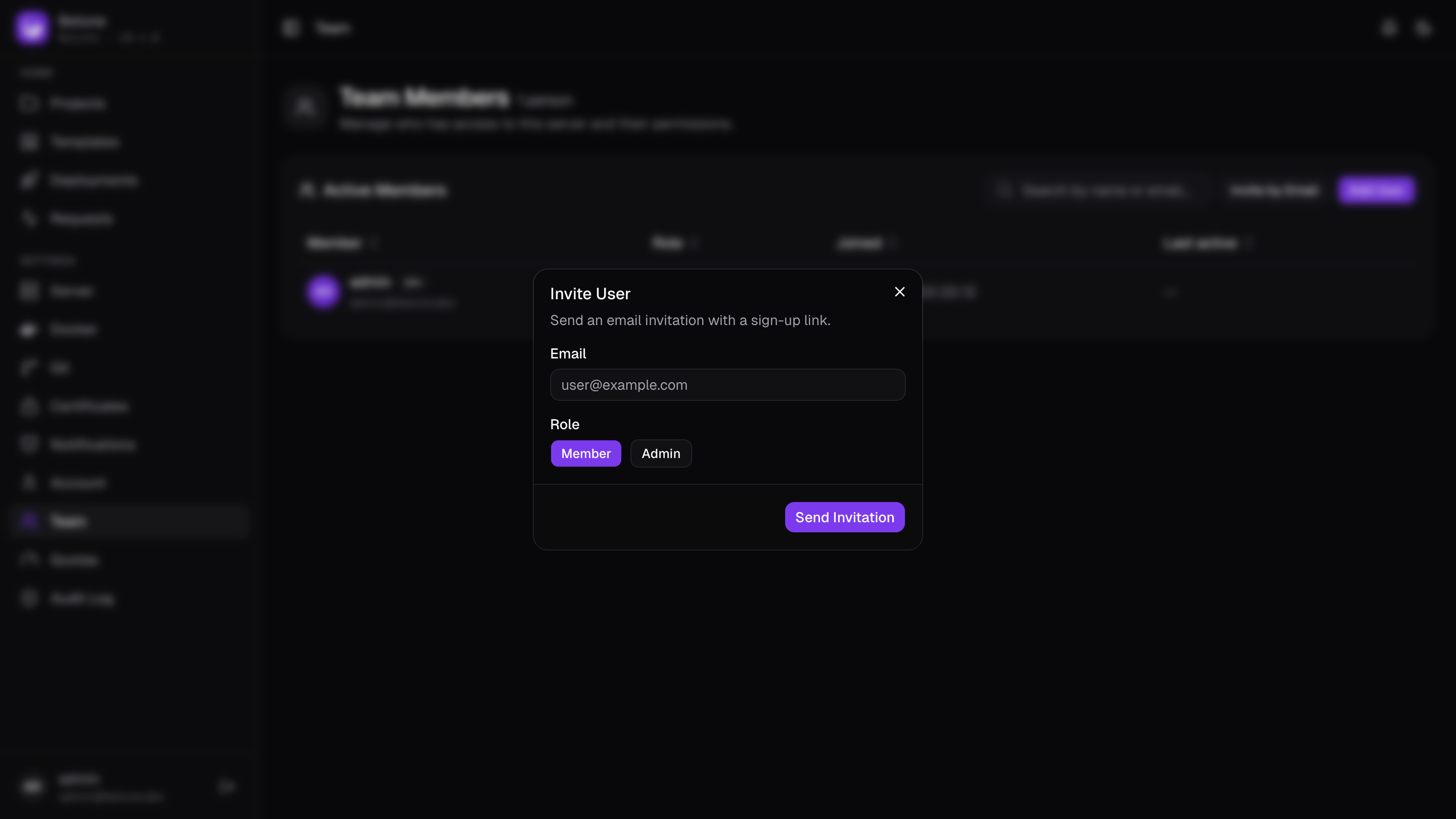 Inviting a teammate by email from the Team page.