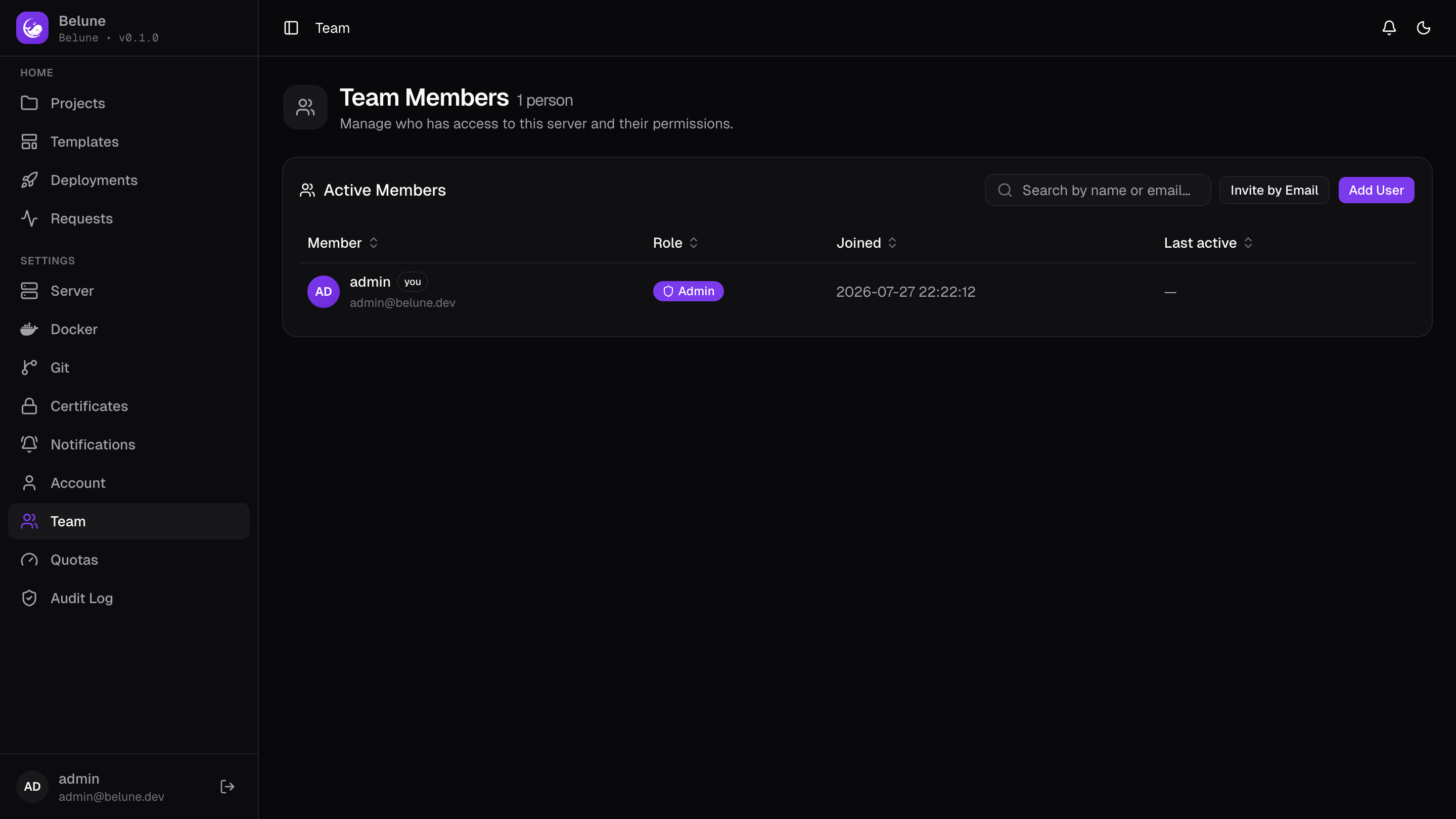 The Team page listing users and their roles.