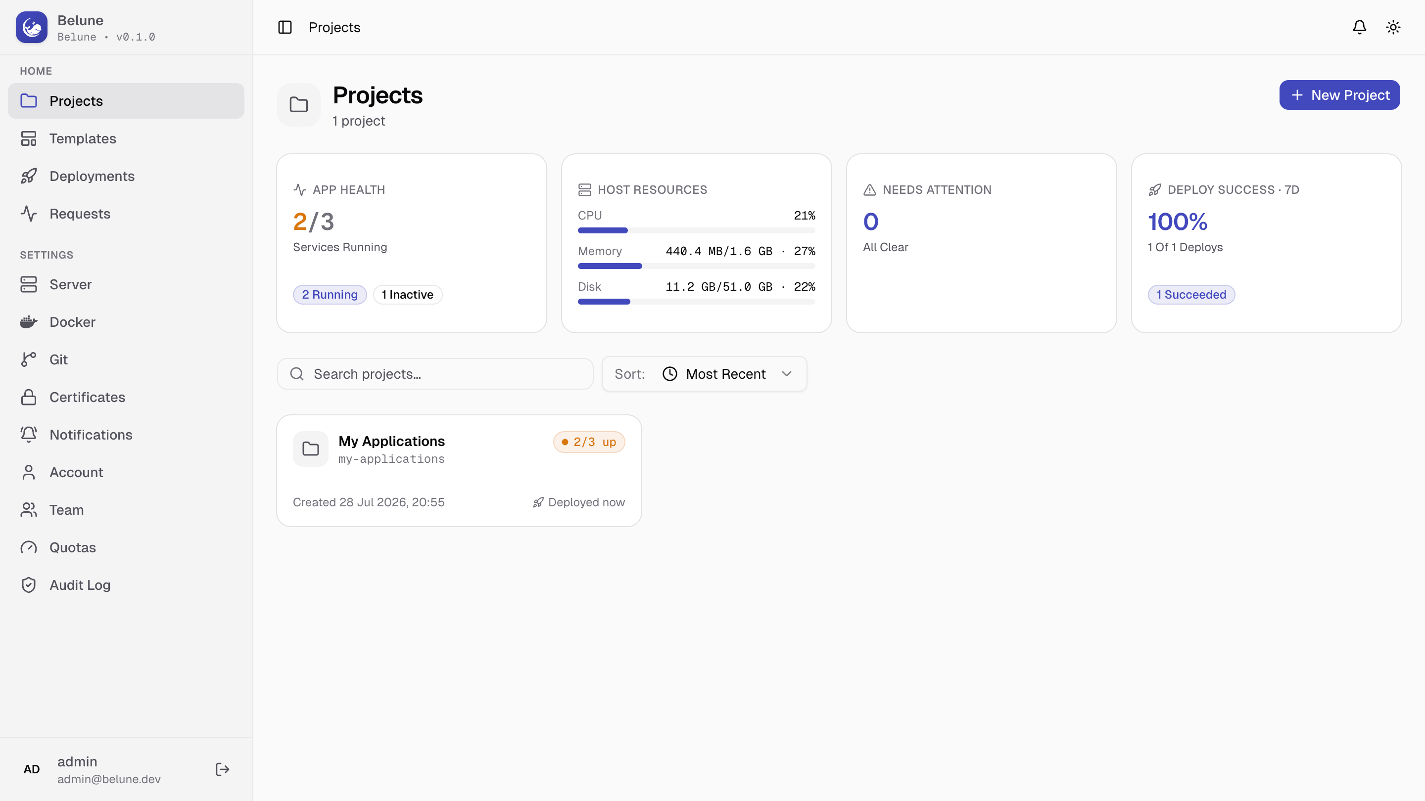 The Belune dashboard: projects and their services at a glance.