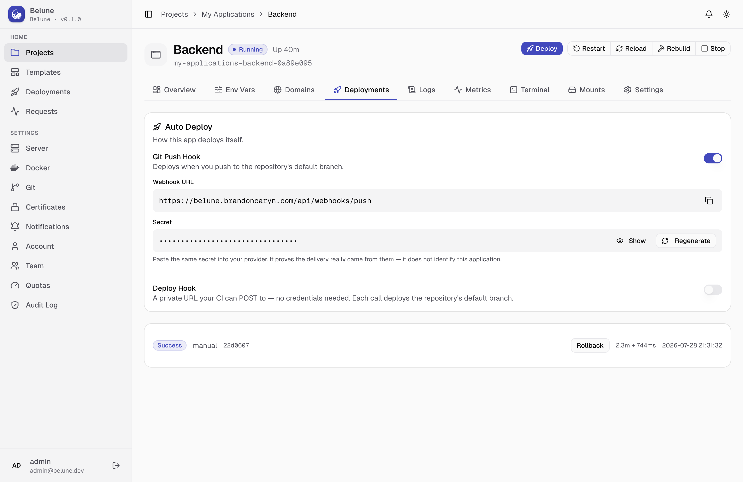 The Deployments tab listing each build with its status and log.