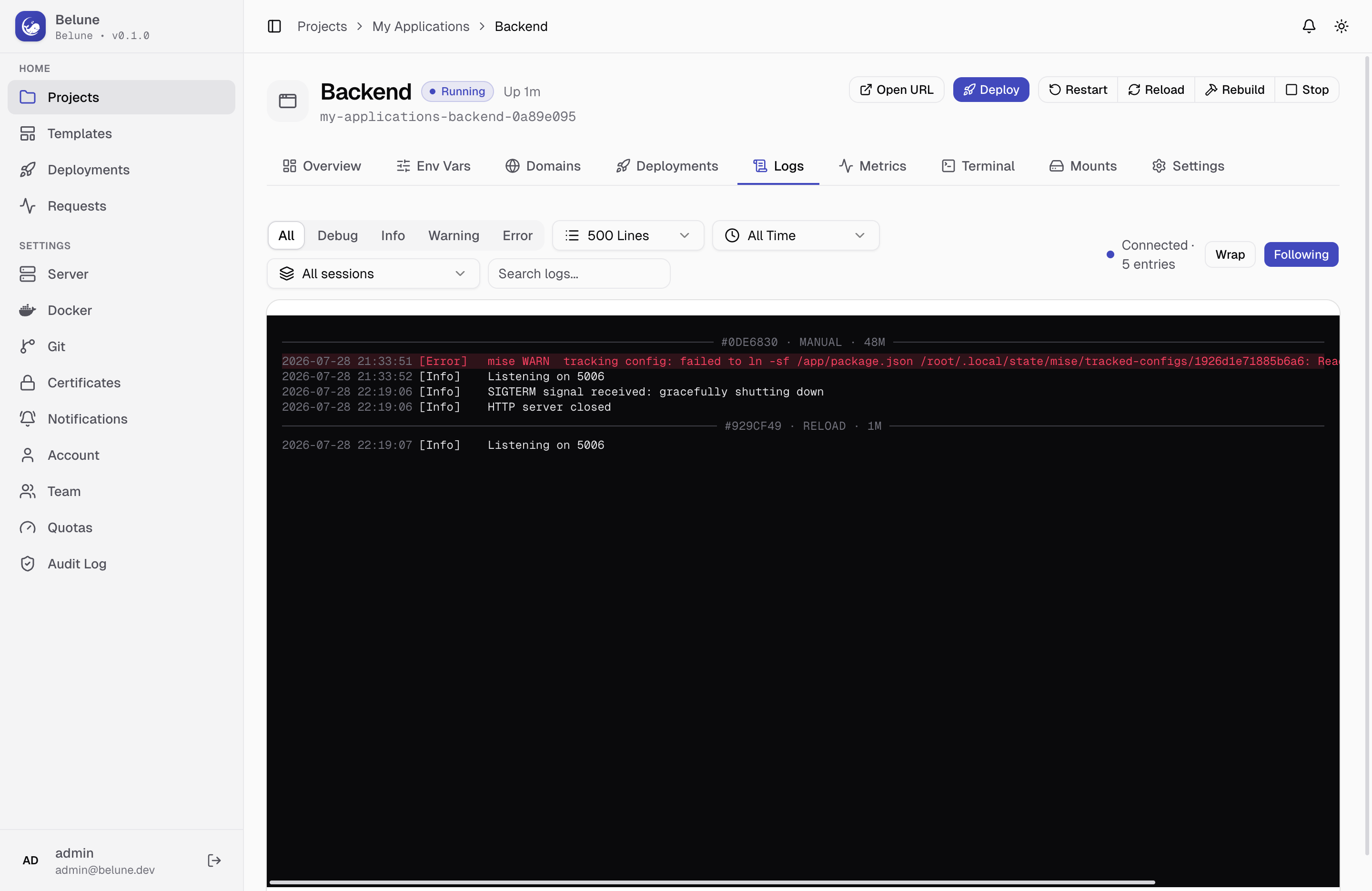 Live container logs with per-line severity in the Logs tab.