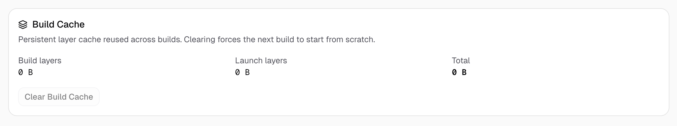 The Build Cache card: cache size and a clear button.