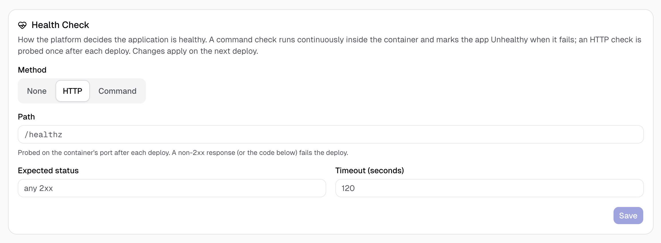 The Health Check card: method, path, expected status, and timeout.