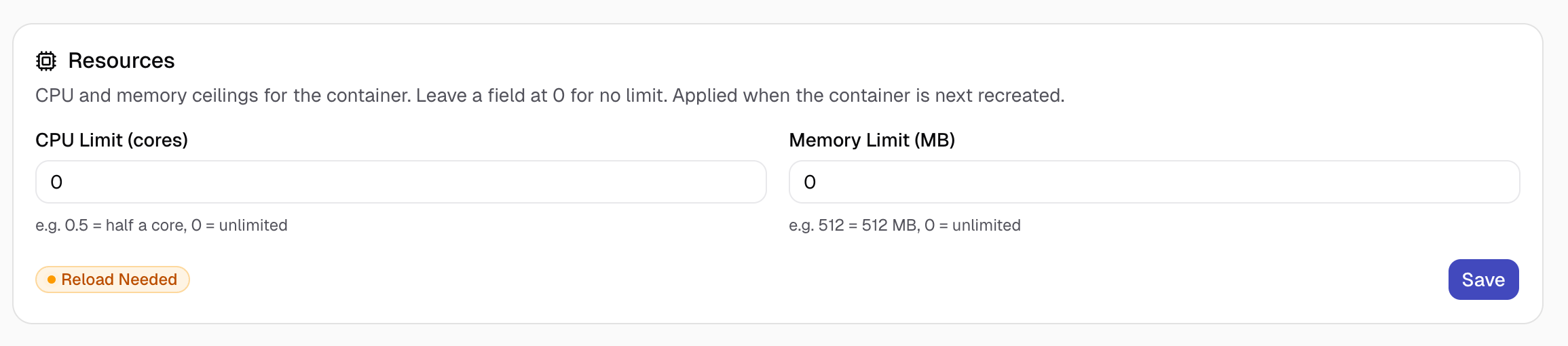 The Resources card: CPU and memory limit fields.