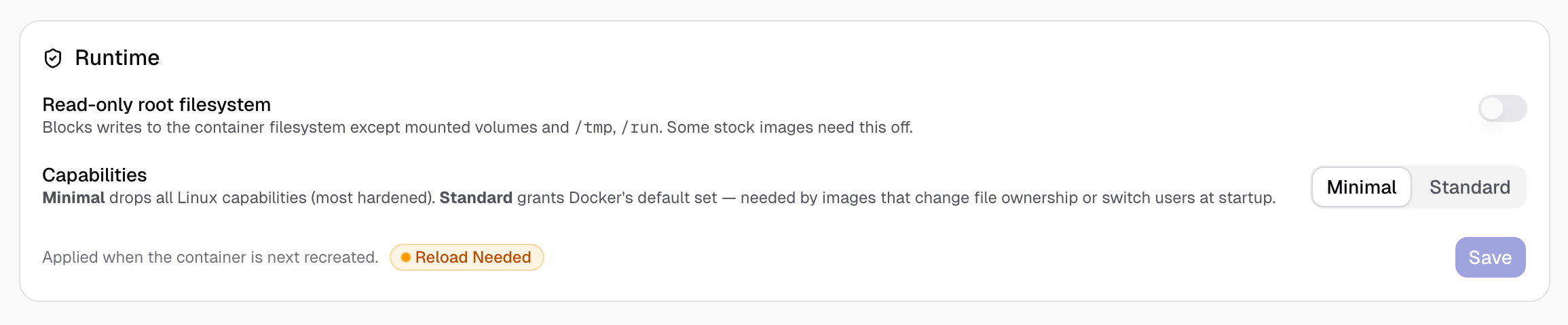The Runtime card: read-only filesystem toggle and capabilities selector.