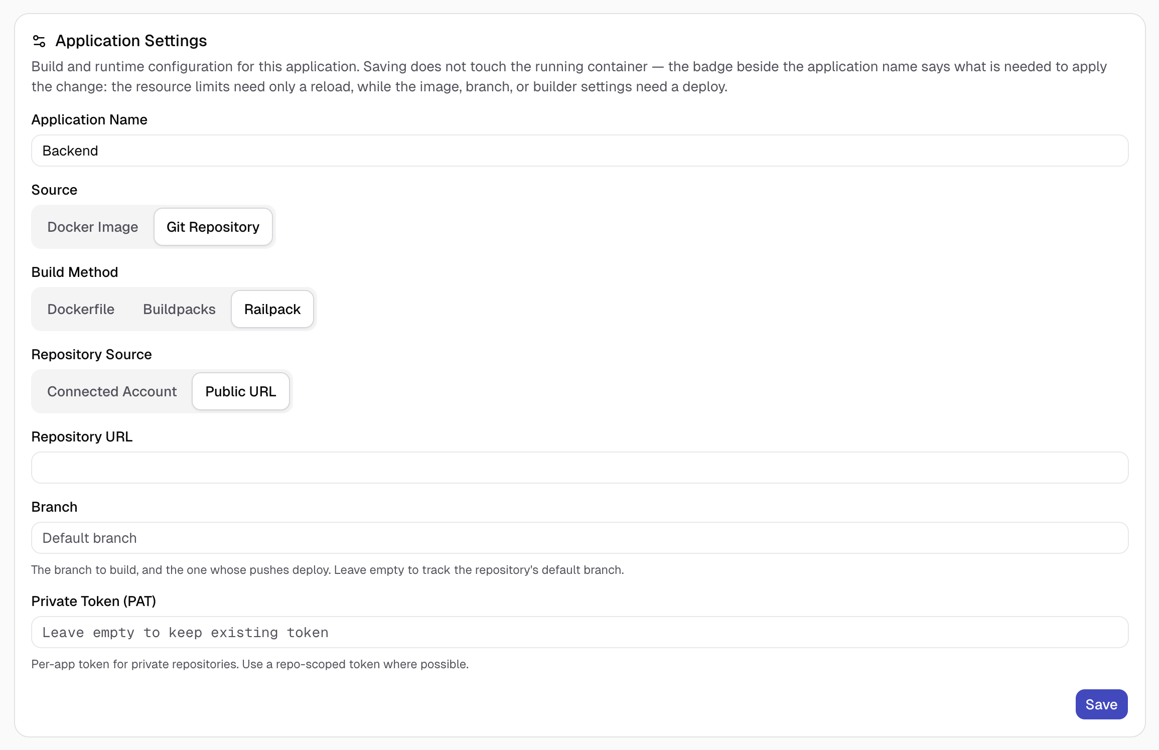 The Application Settings card: name, source, build method, and repository fields.