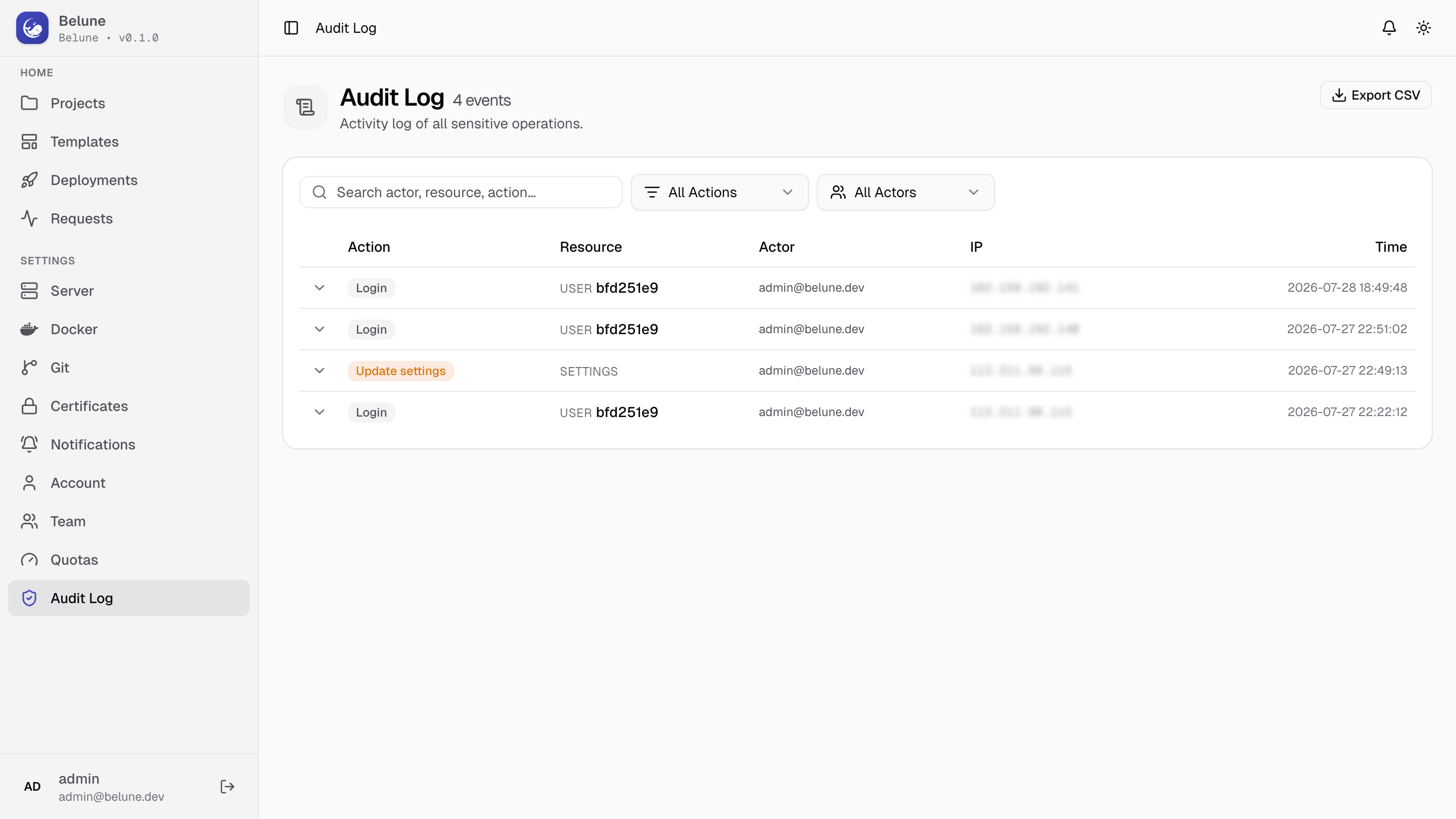 The audit log listing recent actions with the acting user and timestamp.