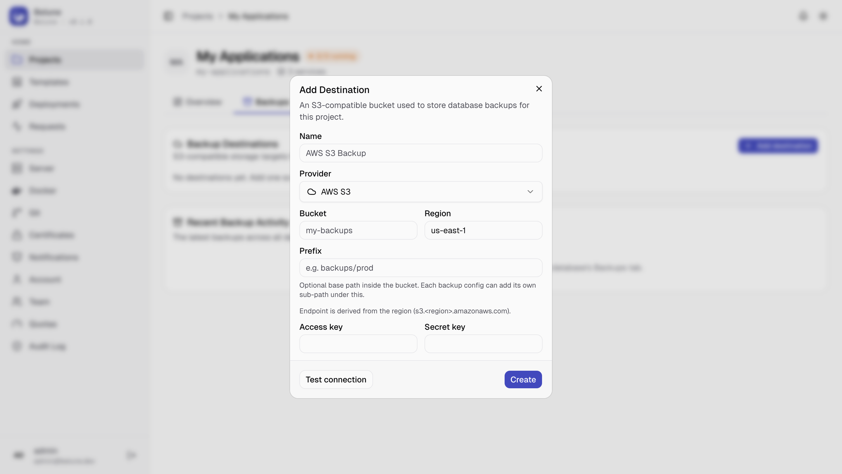 Adding an S3-compatible backup destination: endpoint, region, bucket, and credentials.