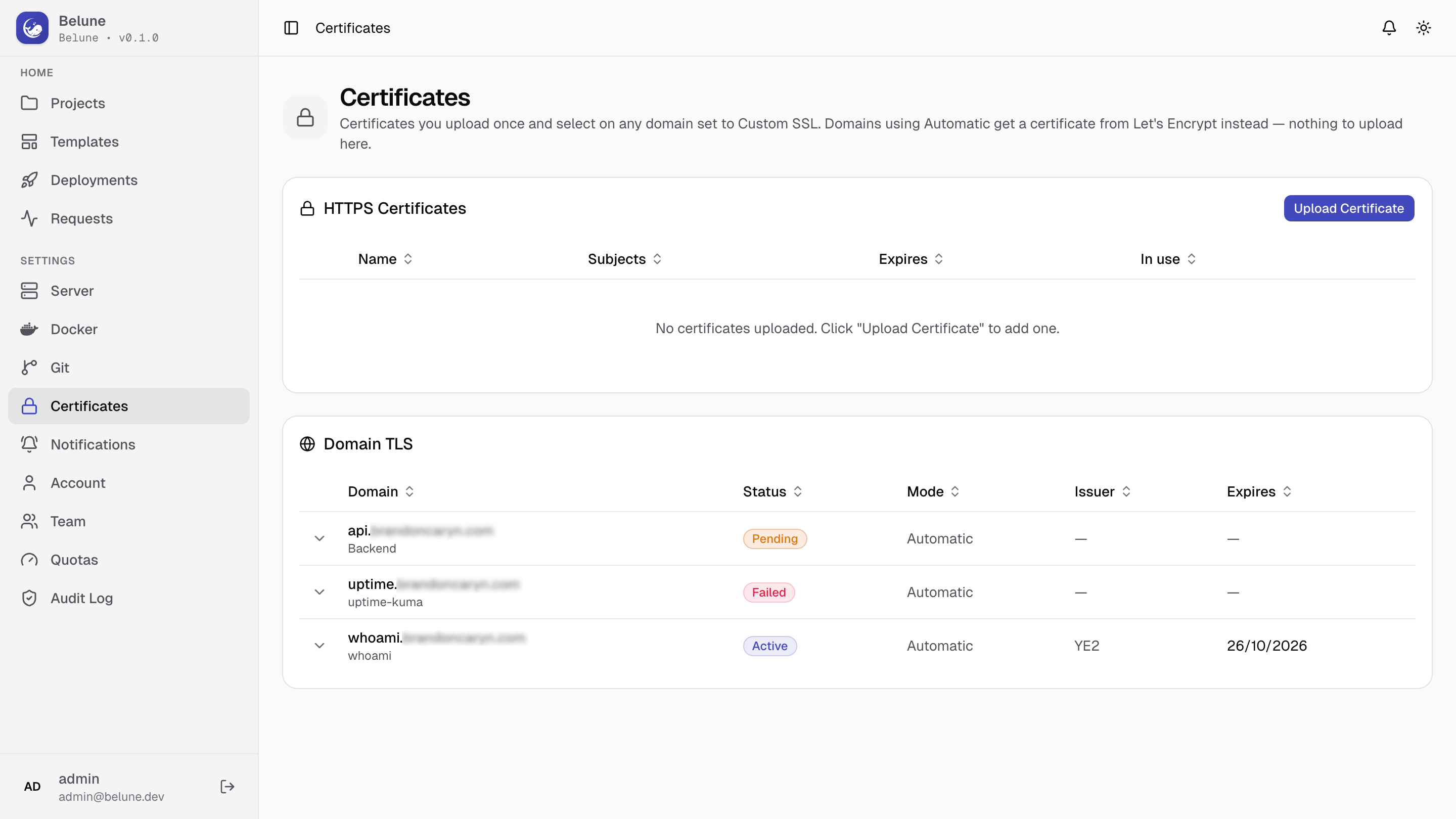The Certificates page listing each domain's TLS status.