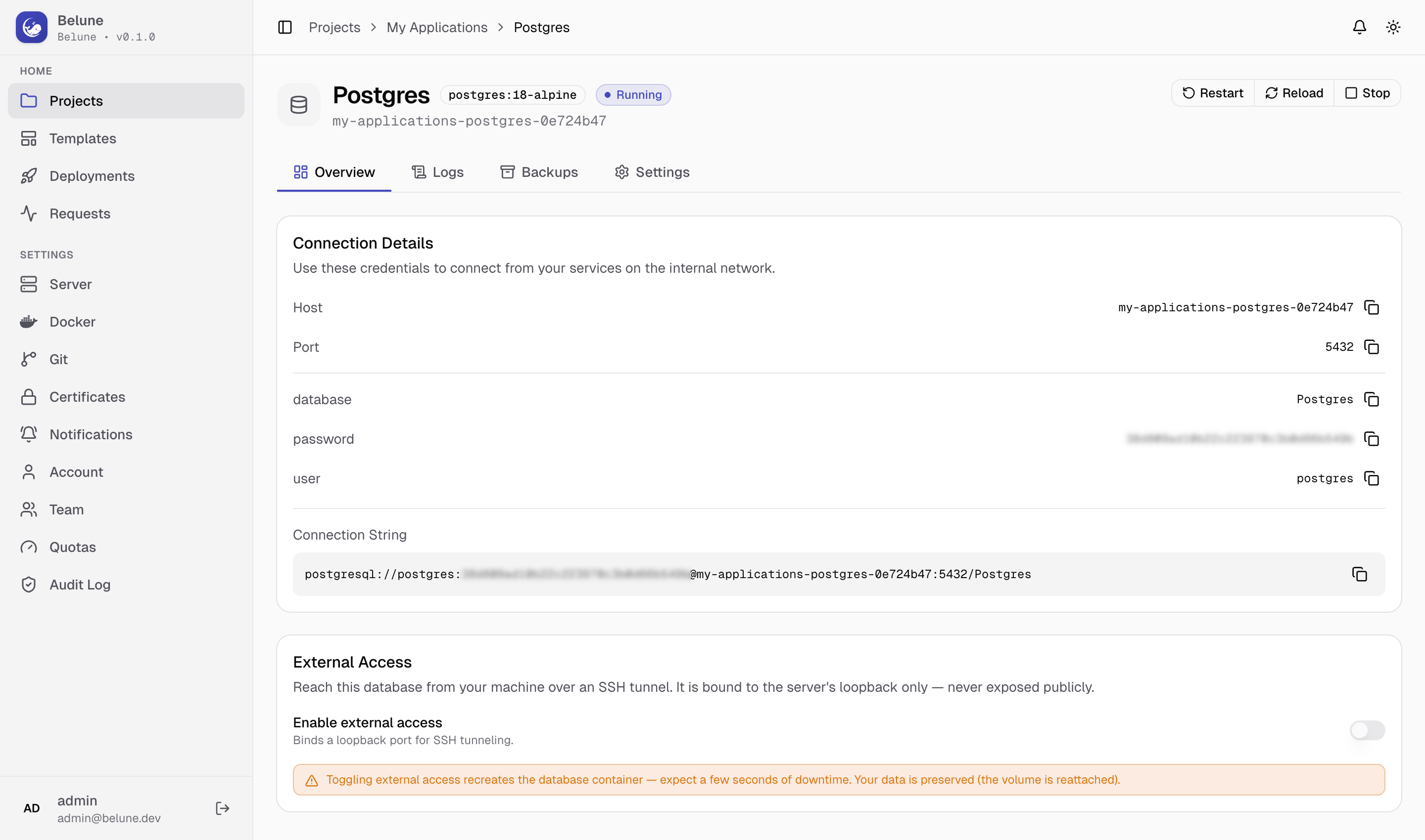 A managed database's Overview tab: connection details and external access.