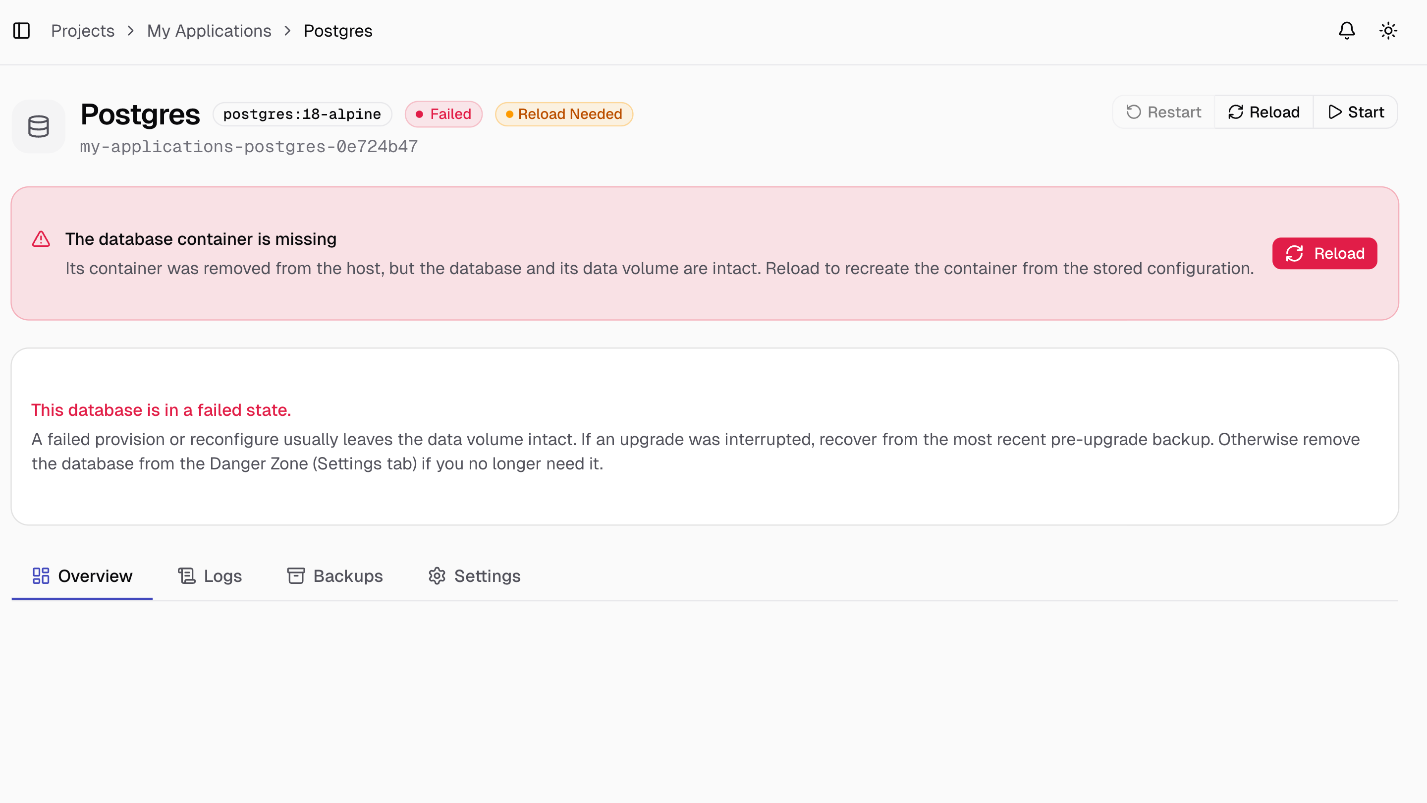 A database showing a Reload Needed badge when its container is missing.