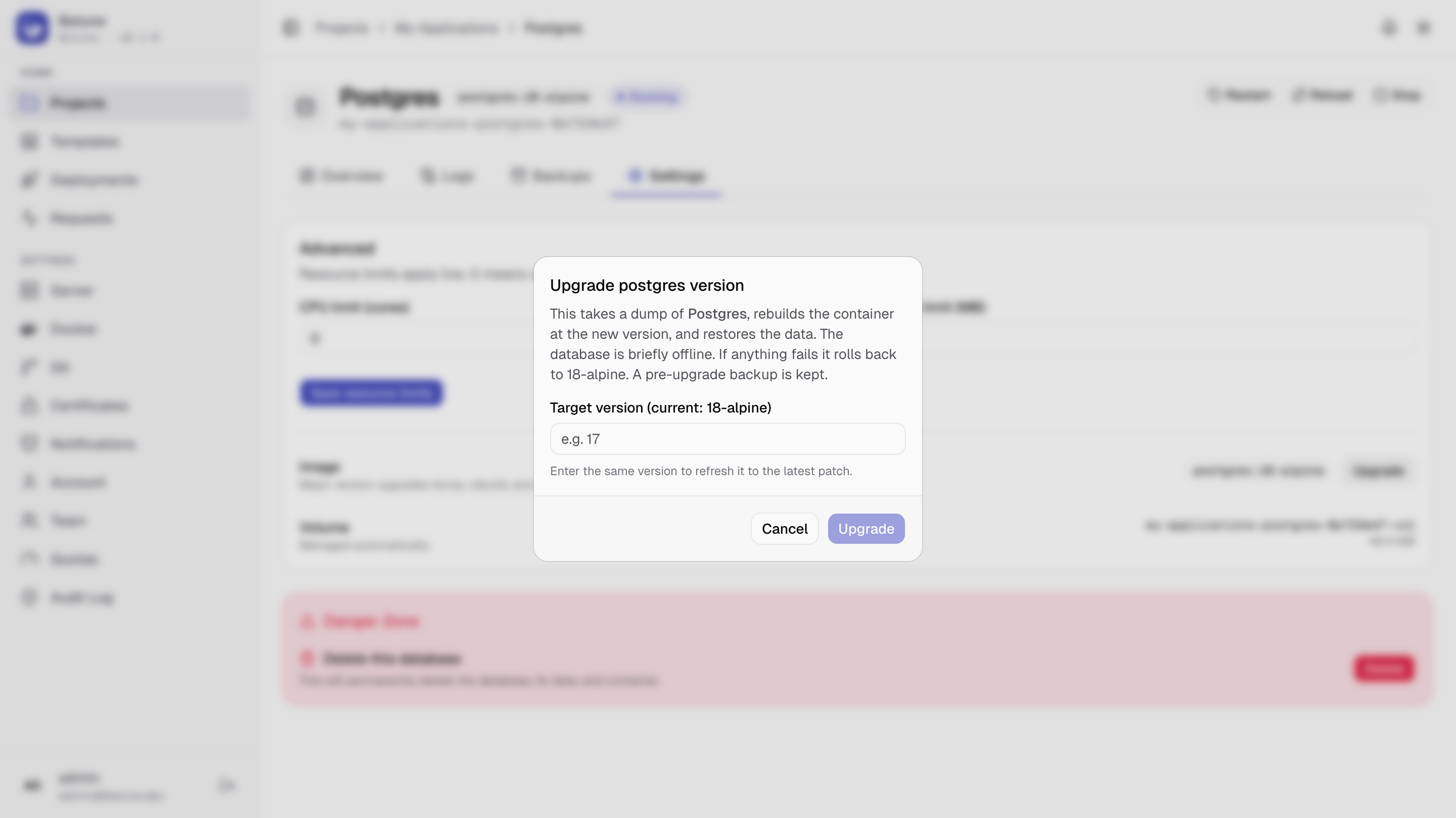 The guarded major-version upgrade flow for a managed database.