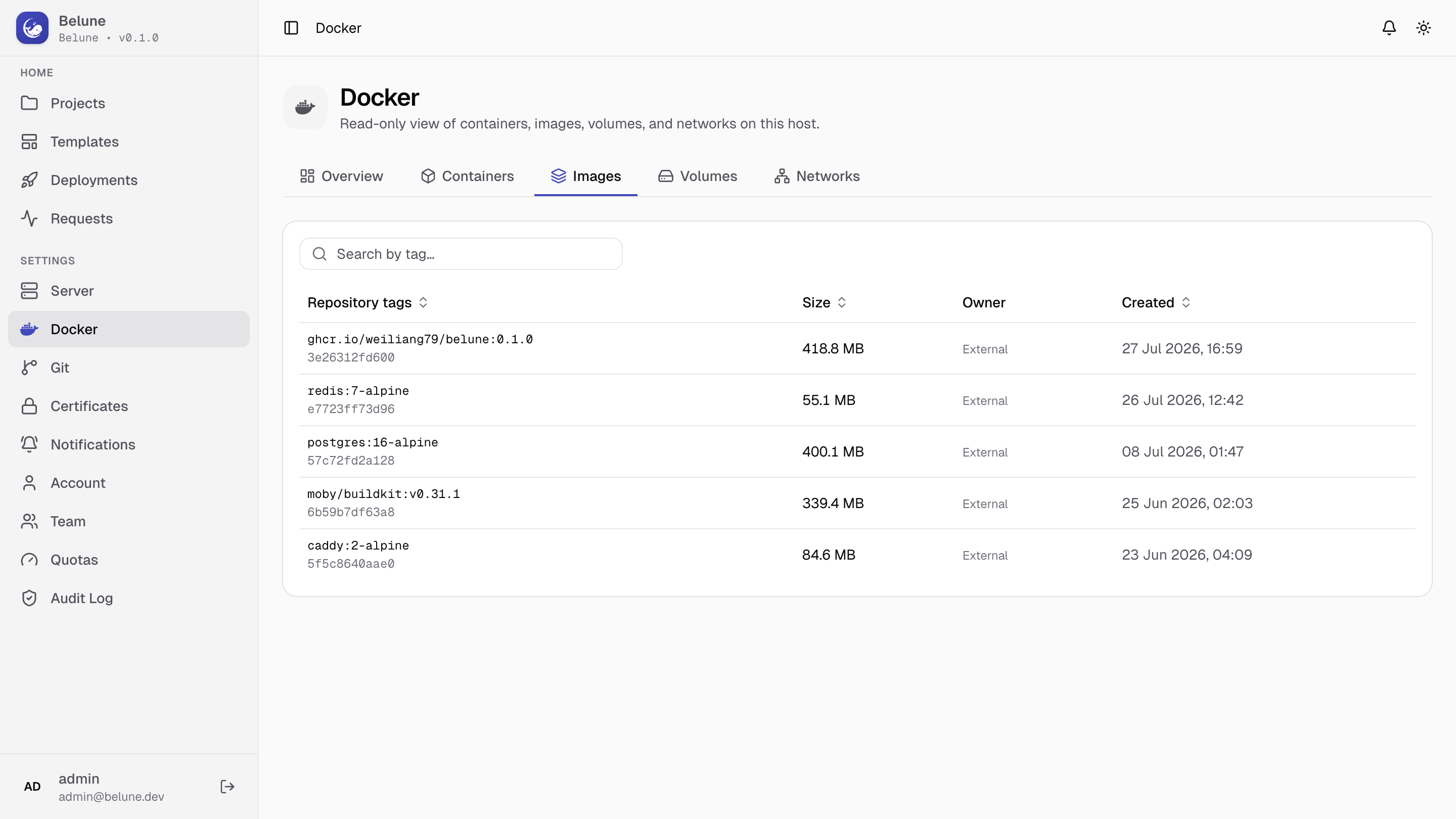 Local Docker images and their sizes.