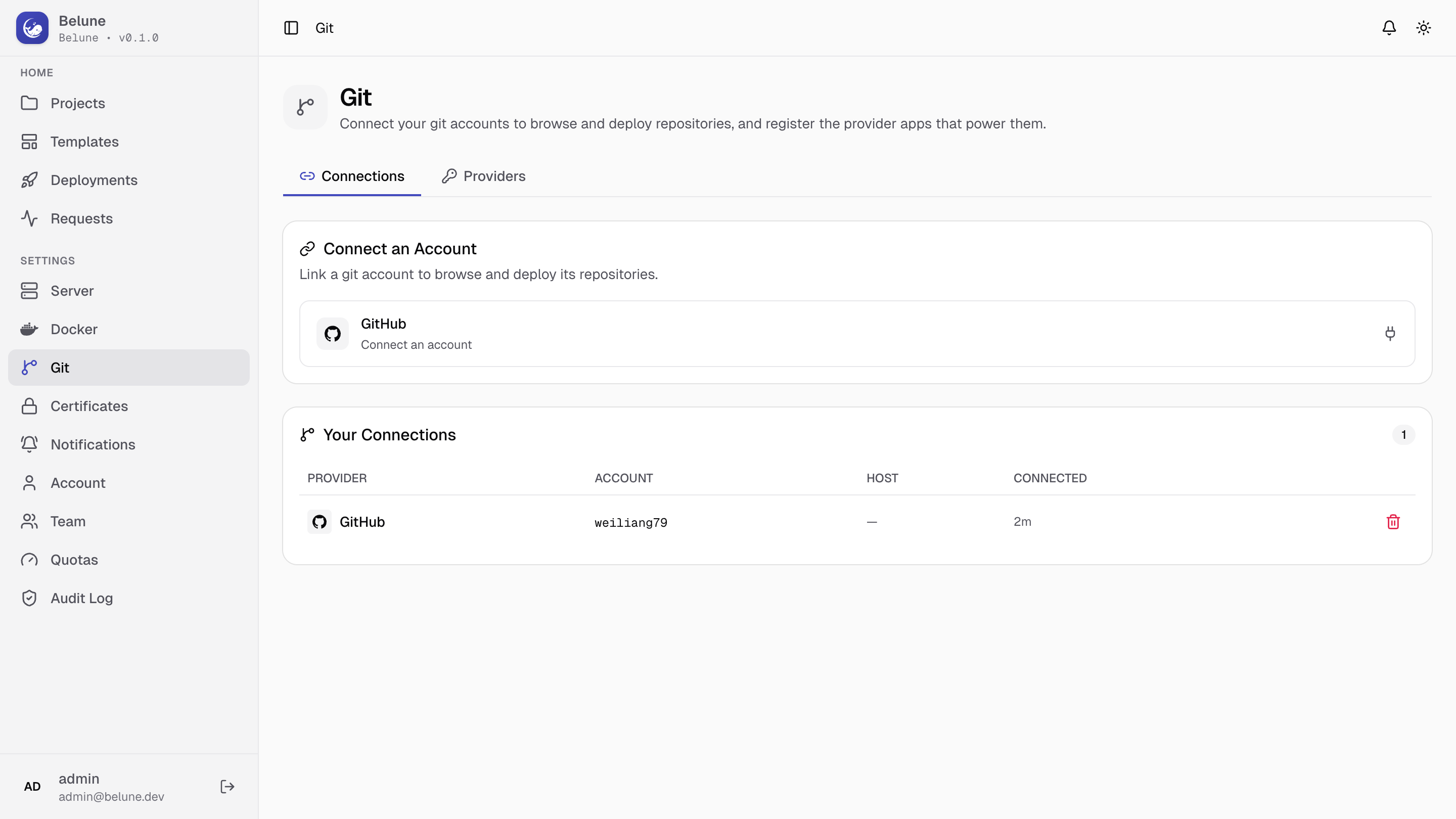 The Git page's Connections tab, listing linked accounts.