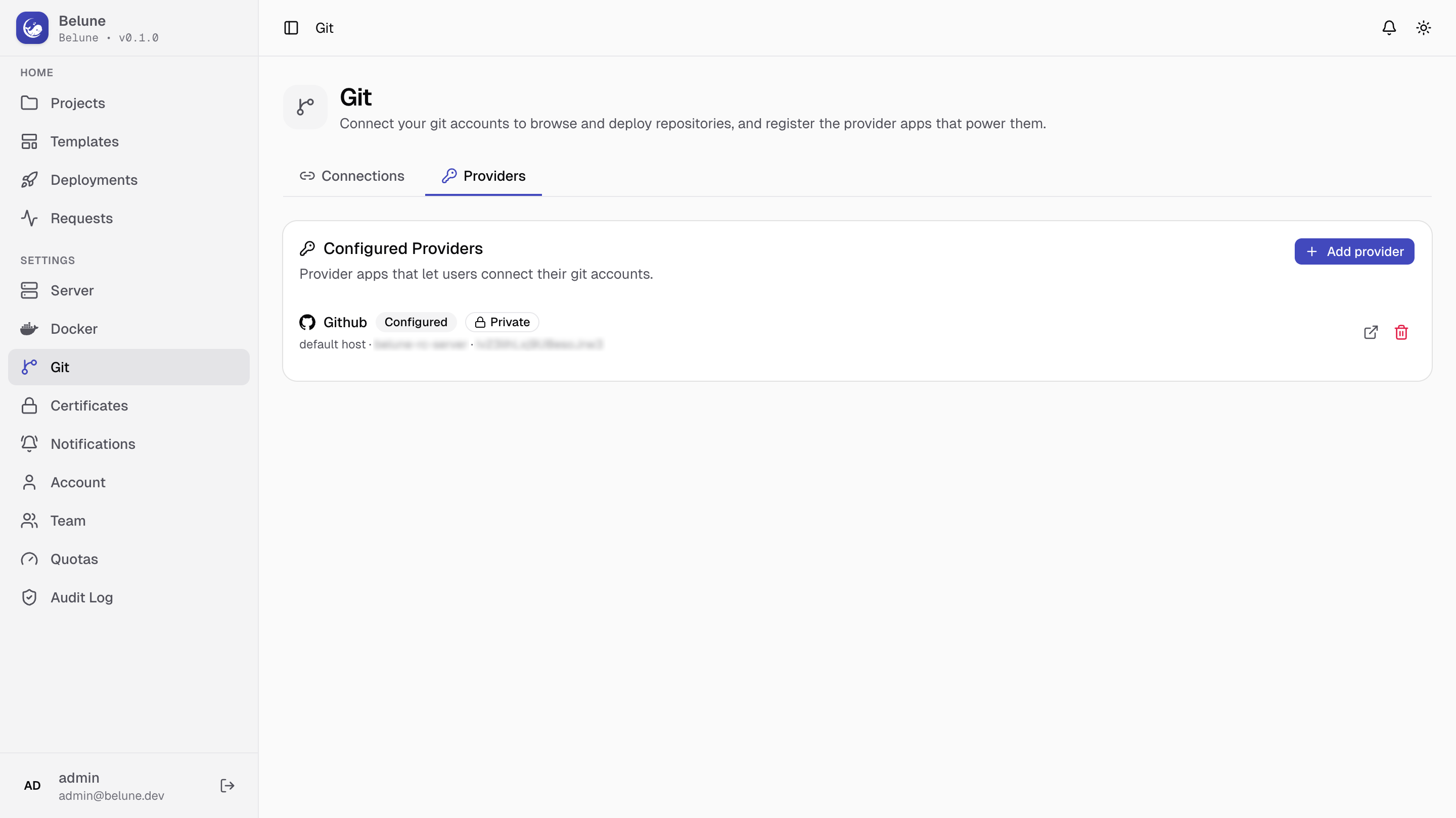 The Git page's Providers tab, listing configured provider apps.
