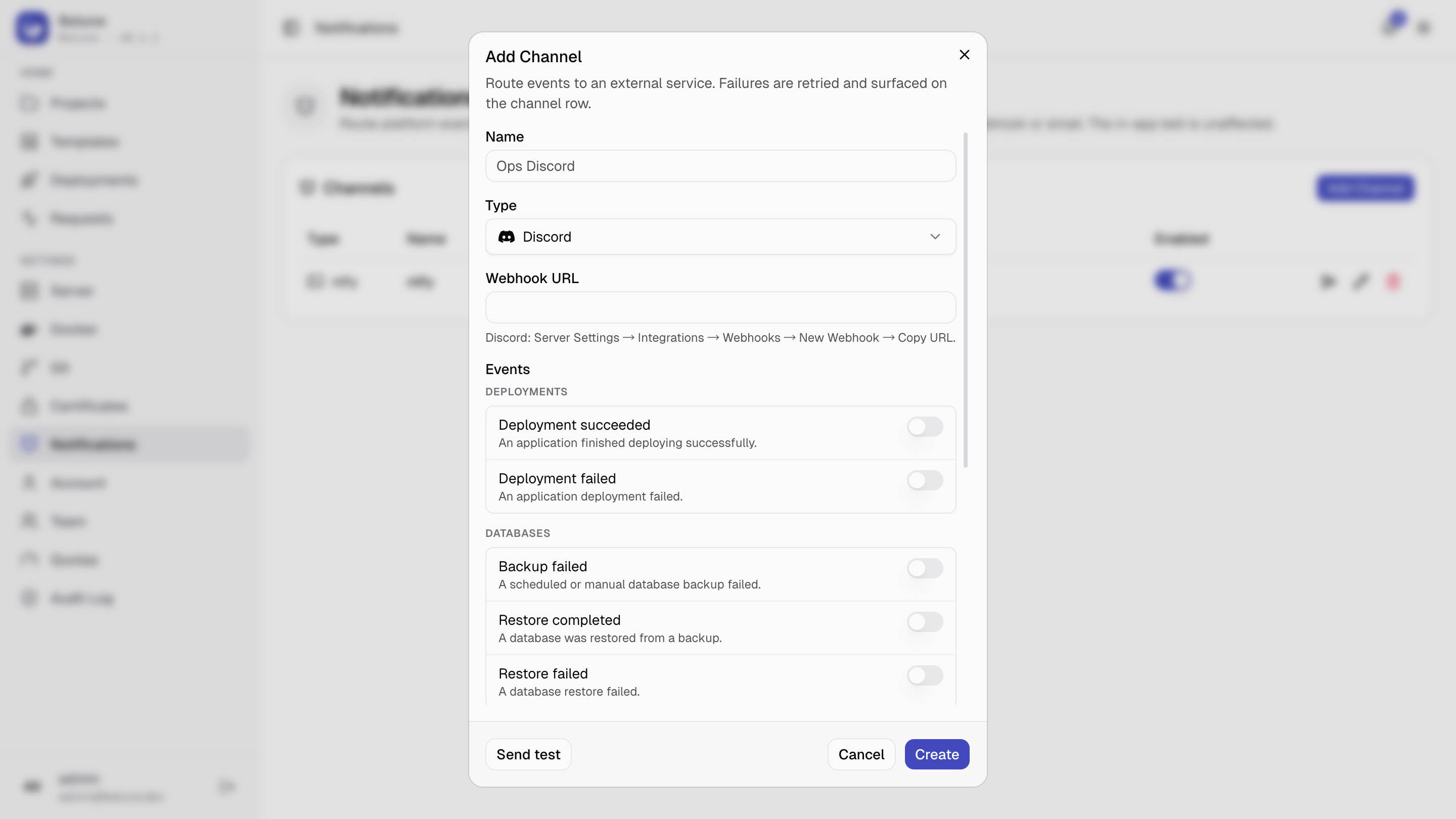 Adding a notification channel: type, config, and the events it receives.