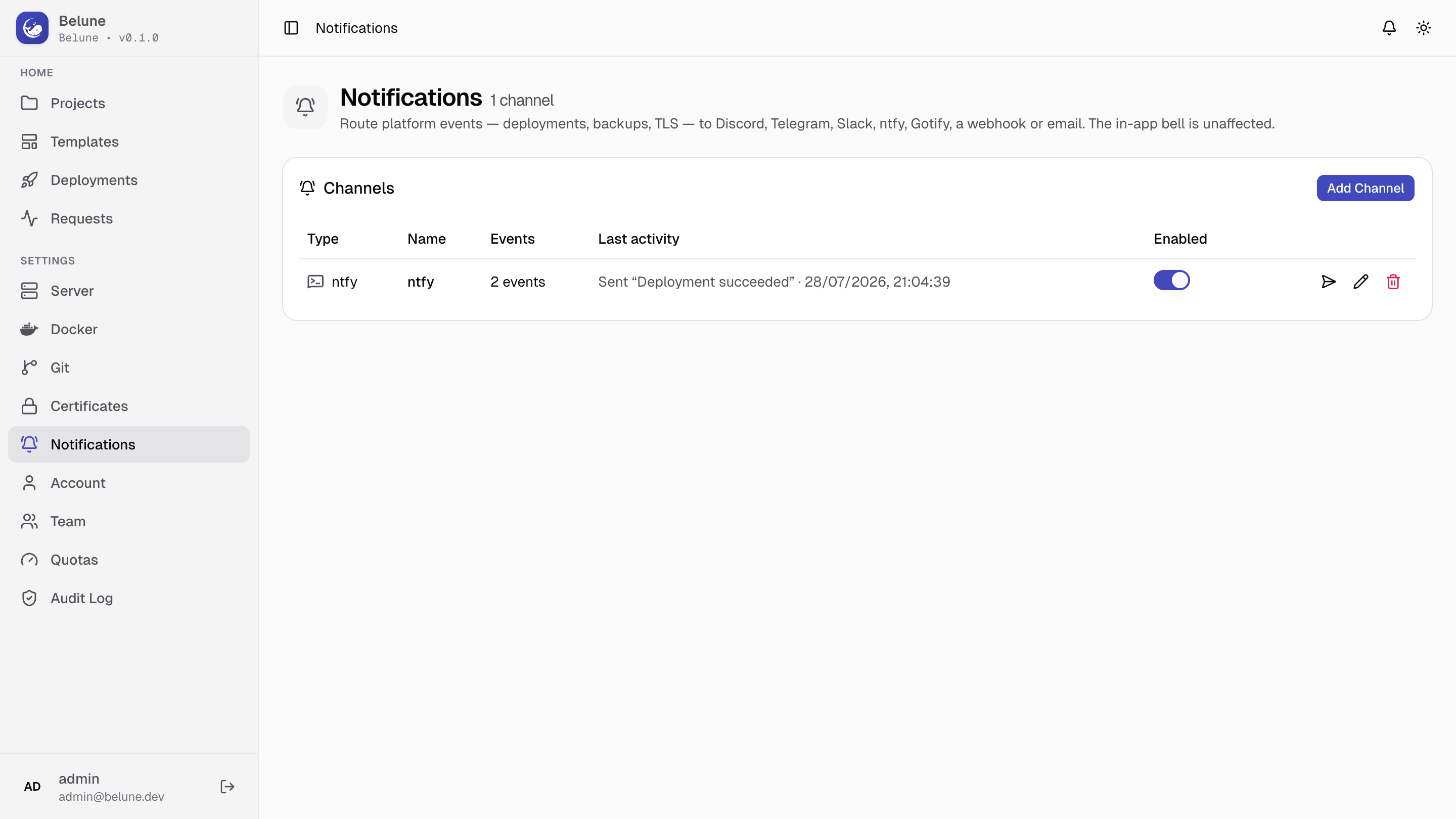 The Notifications page listing channels and their last delivery status.